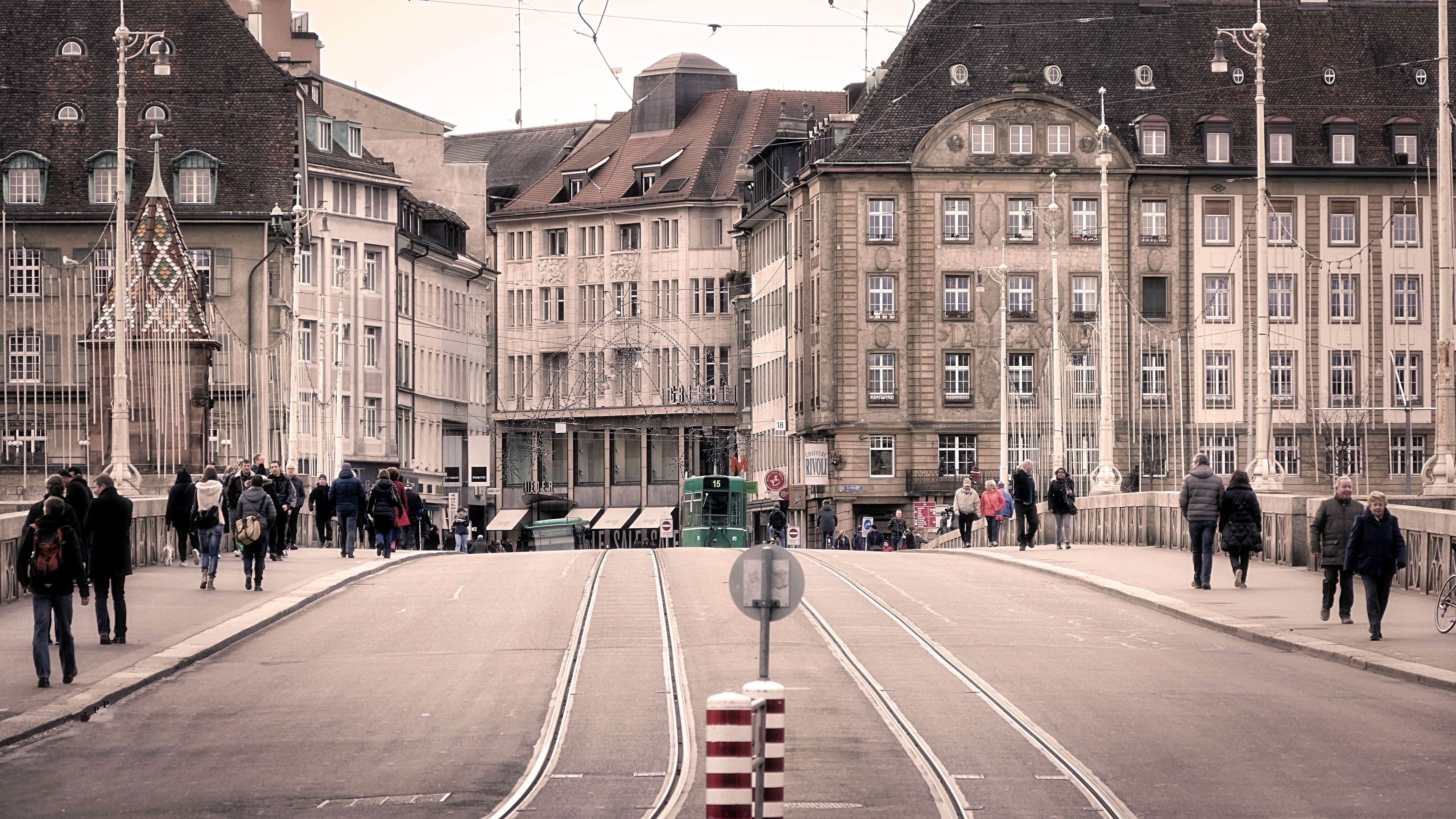outdoors, building exterior, middle rhine bridge, street, track, building, incidental people, Architecture, city street, day, group of people, men, crossing the rhine, HD Wallpaper