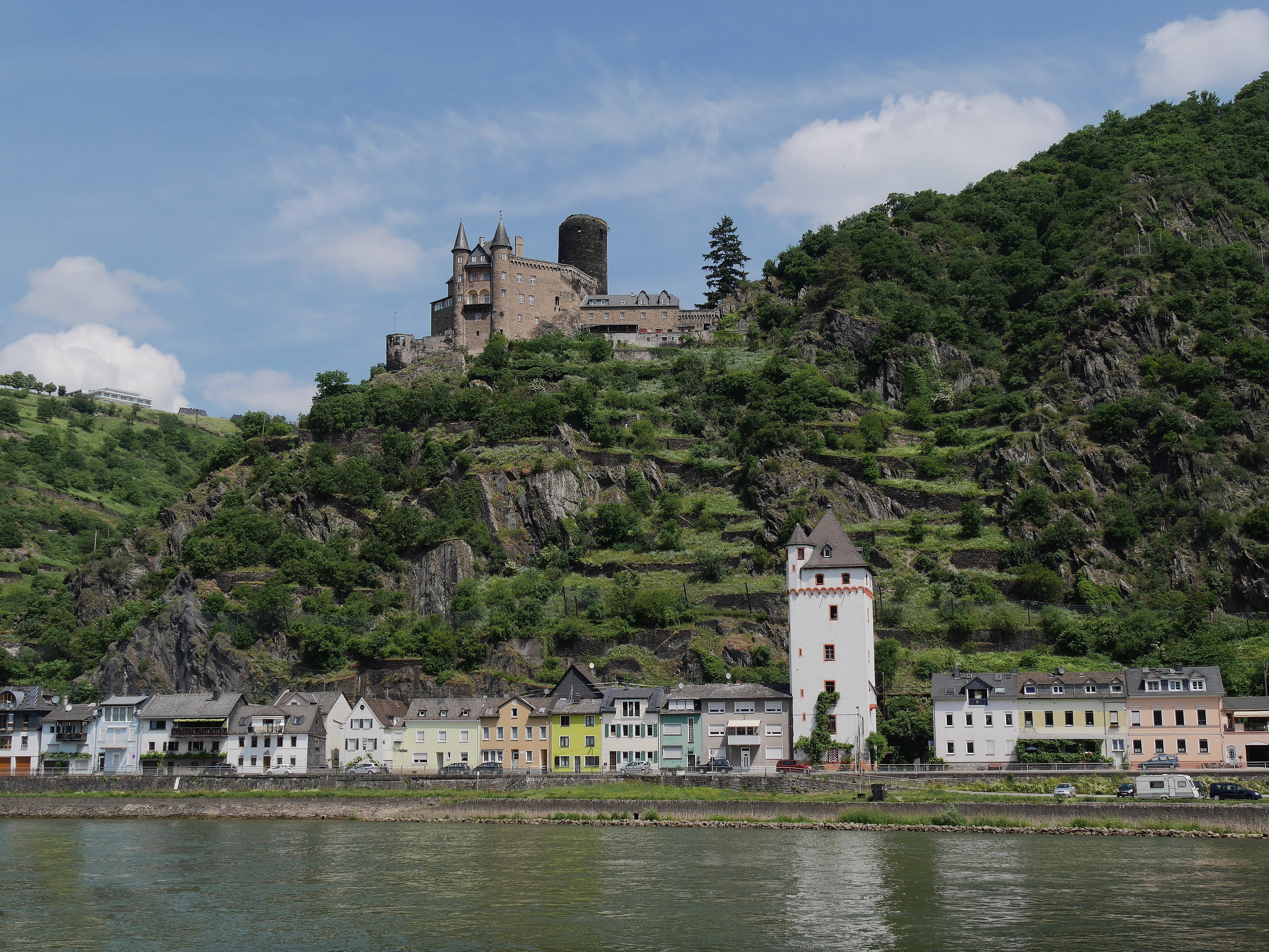 sky, mountain, cloud - sky, rhine valley, romantic, building, building exterior, water, rhine, history, outdoors, residential district, waterfront, travel destinations, HD Wallpaper