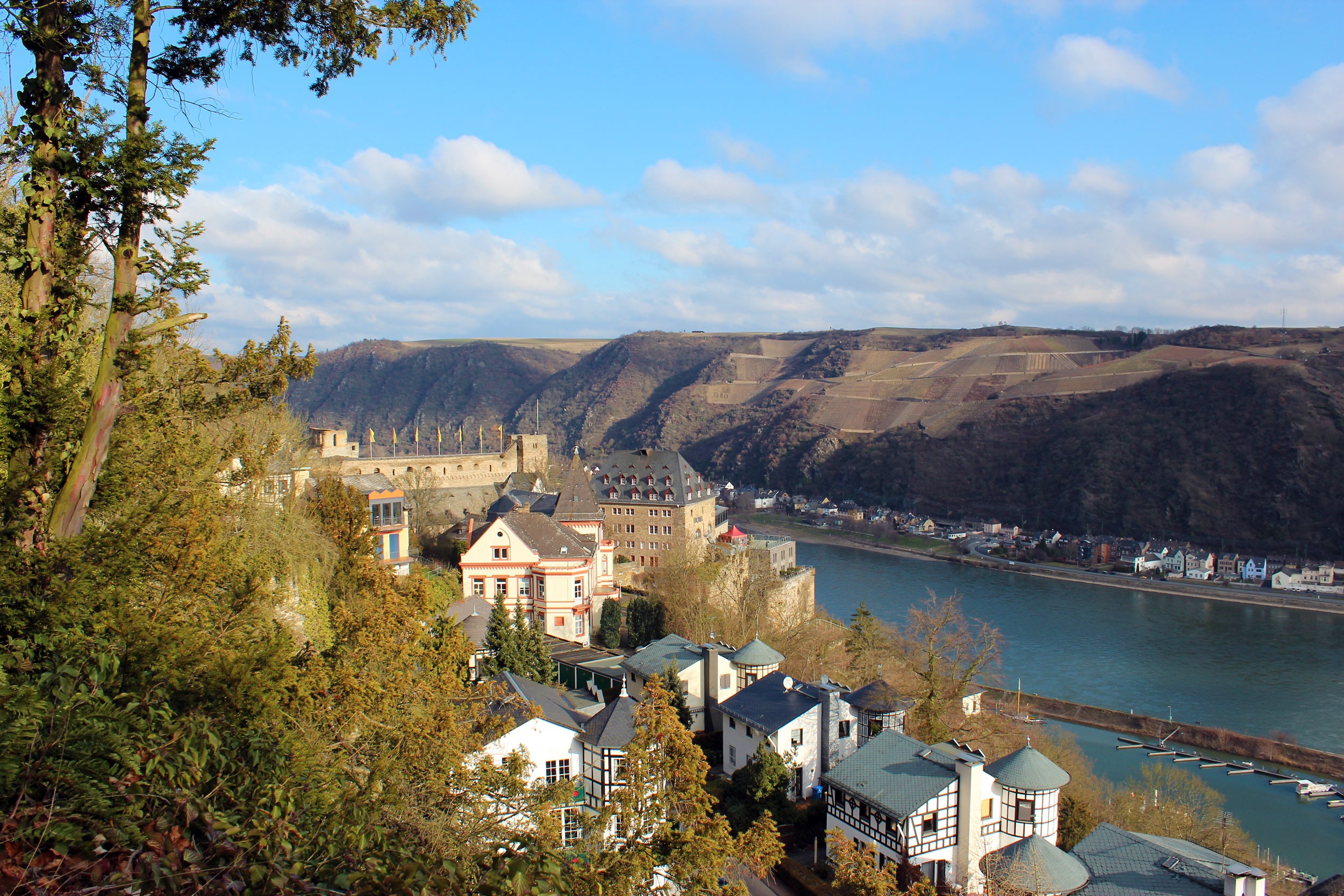residential district, 1080P, romance, cloud - sky, sachsen, outdoors, river, mountain, germany, building exterior, tree, high angle view, day, rheinfels, HD Wallpaper