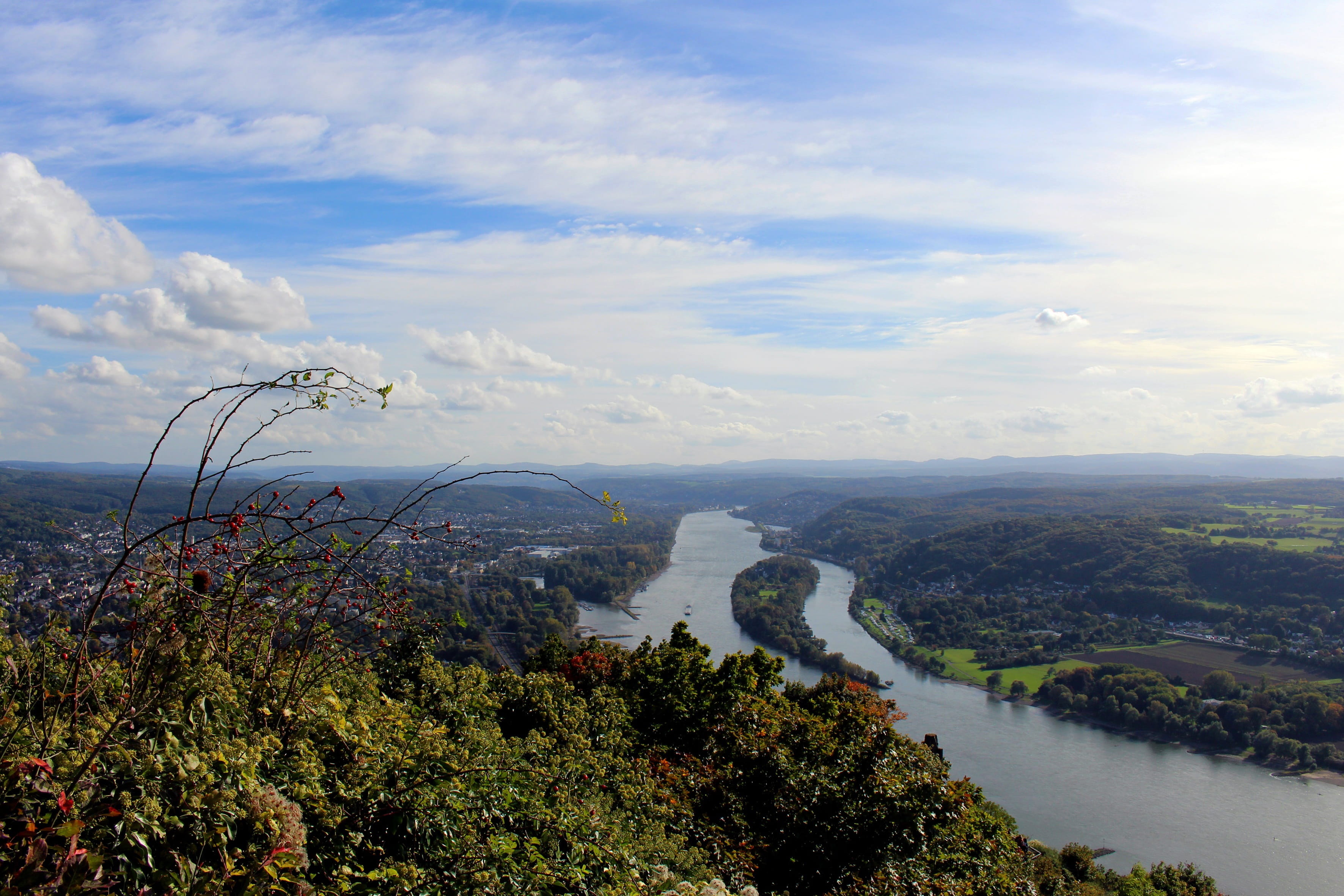 clouds, places of interest, autumn, viewpoint, siebengebirge, bank, travel destinations, sun, scenics - nature, tranquil scene, bonn, forest, plant, landscape, HD Wallpaper