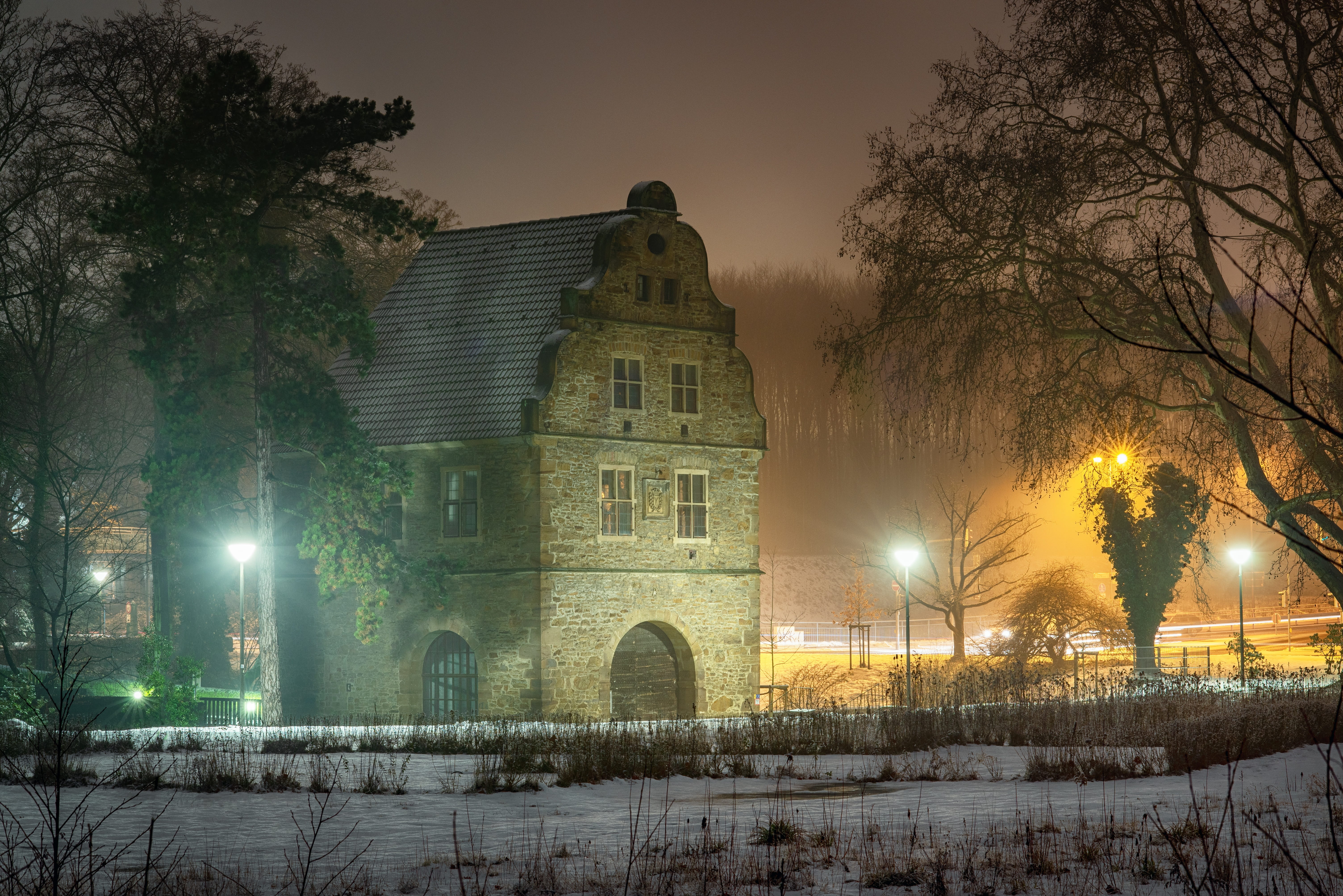 winter, gatehouse, history, 5K, spirituality, dark, castle, religion, plant, the past, illuminated, weird, architecture, no people, mood, darkness, outdoors, HD Wallpaper