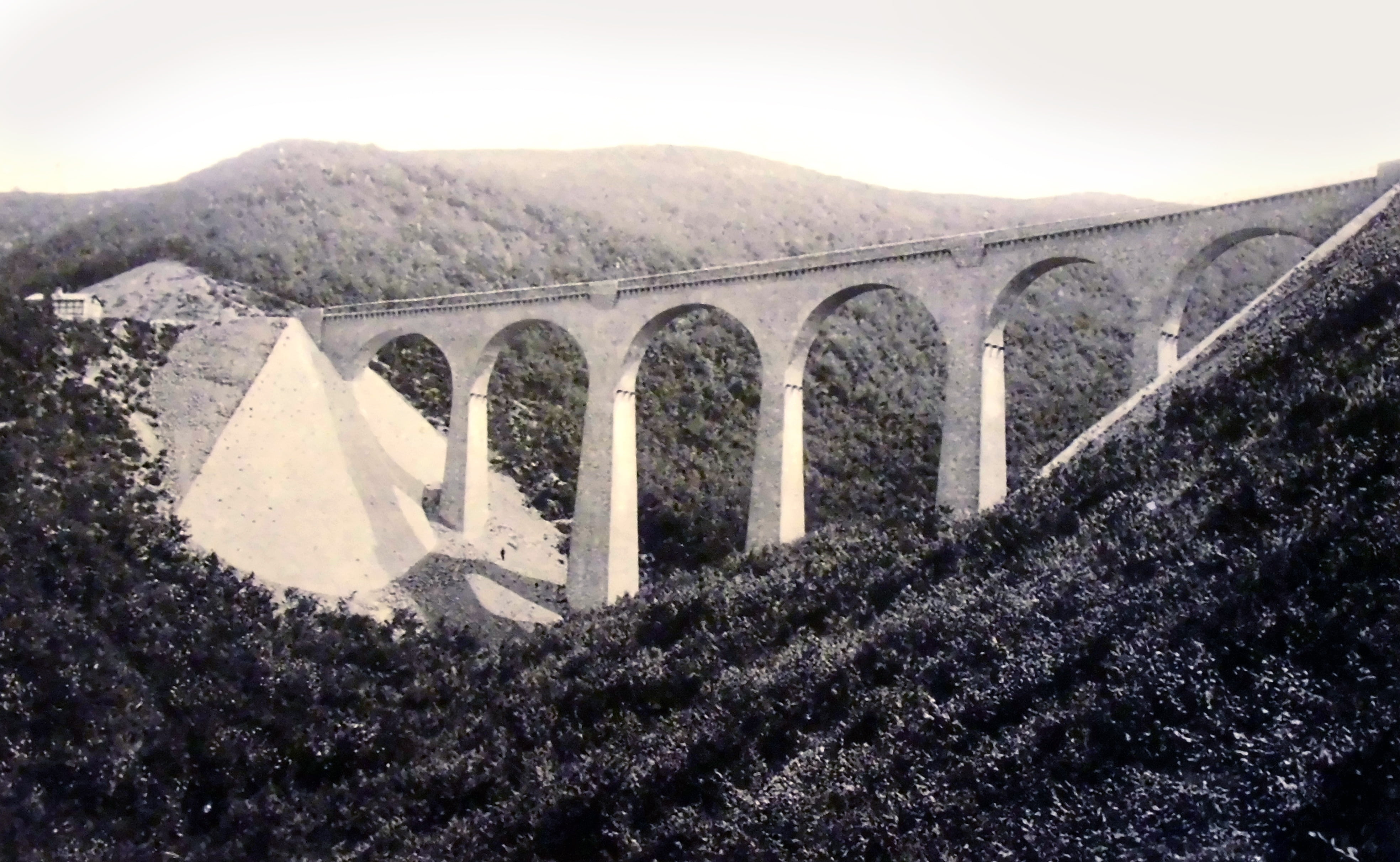 postcard, outdoors, bridge, nature, travel destinations, 4K, retro, hunsrück, building, arch, railway, history, hubertus canyon, transportation, viaduct, HD Wallpaper