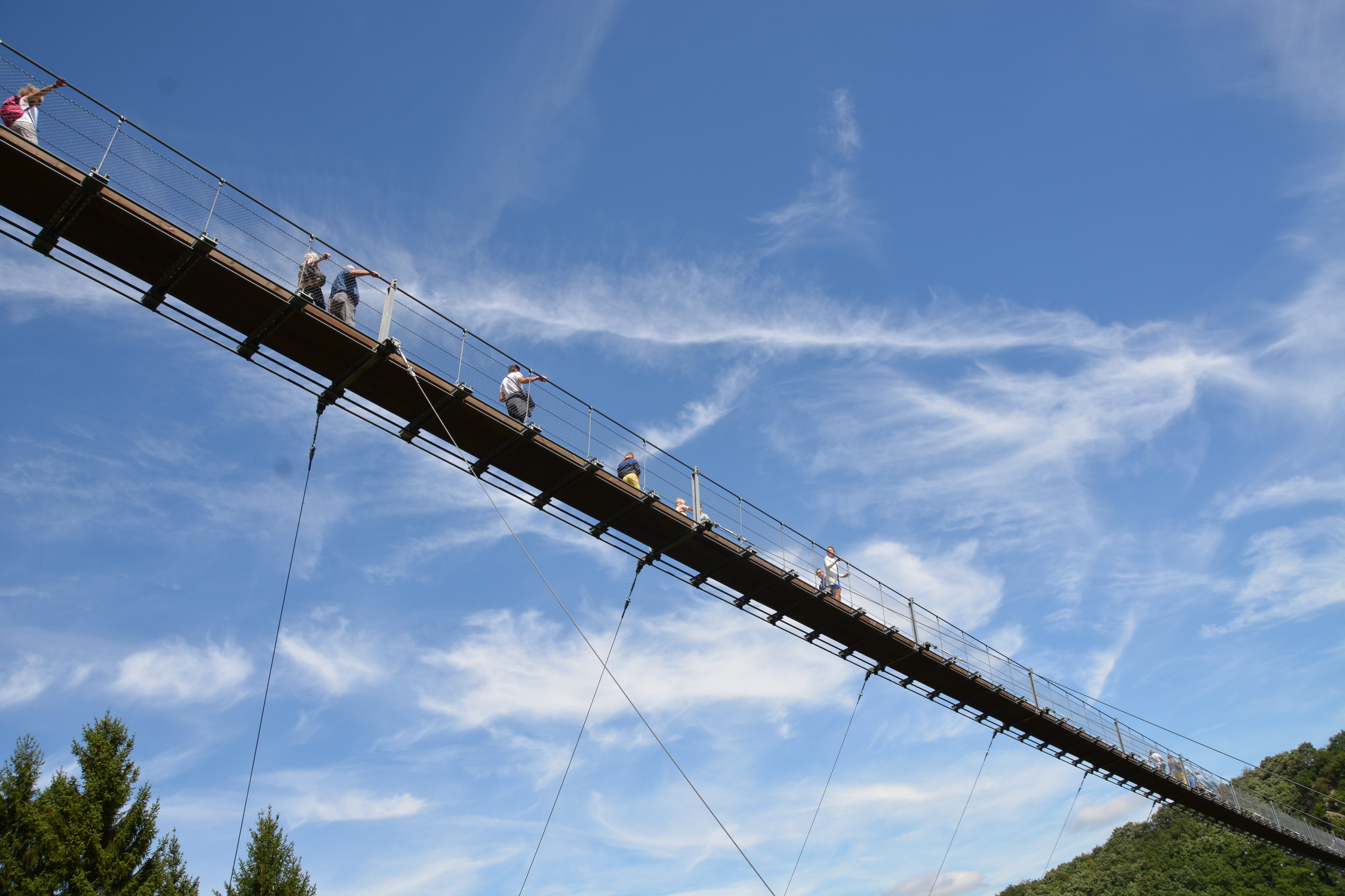 suspension bridge, fuel and power generation, working, sky, blue, transportation, 5K, hunsrück, cloud - sky, connection, day, hiking, nature, machinery, HD Wallpaper