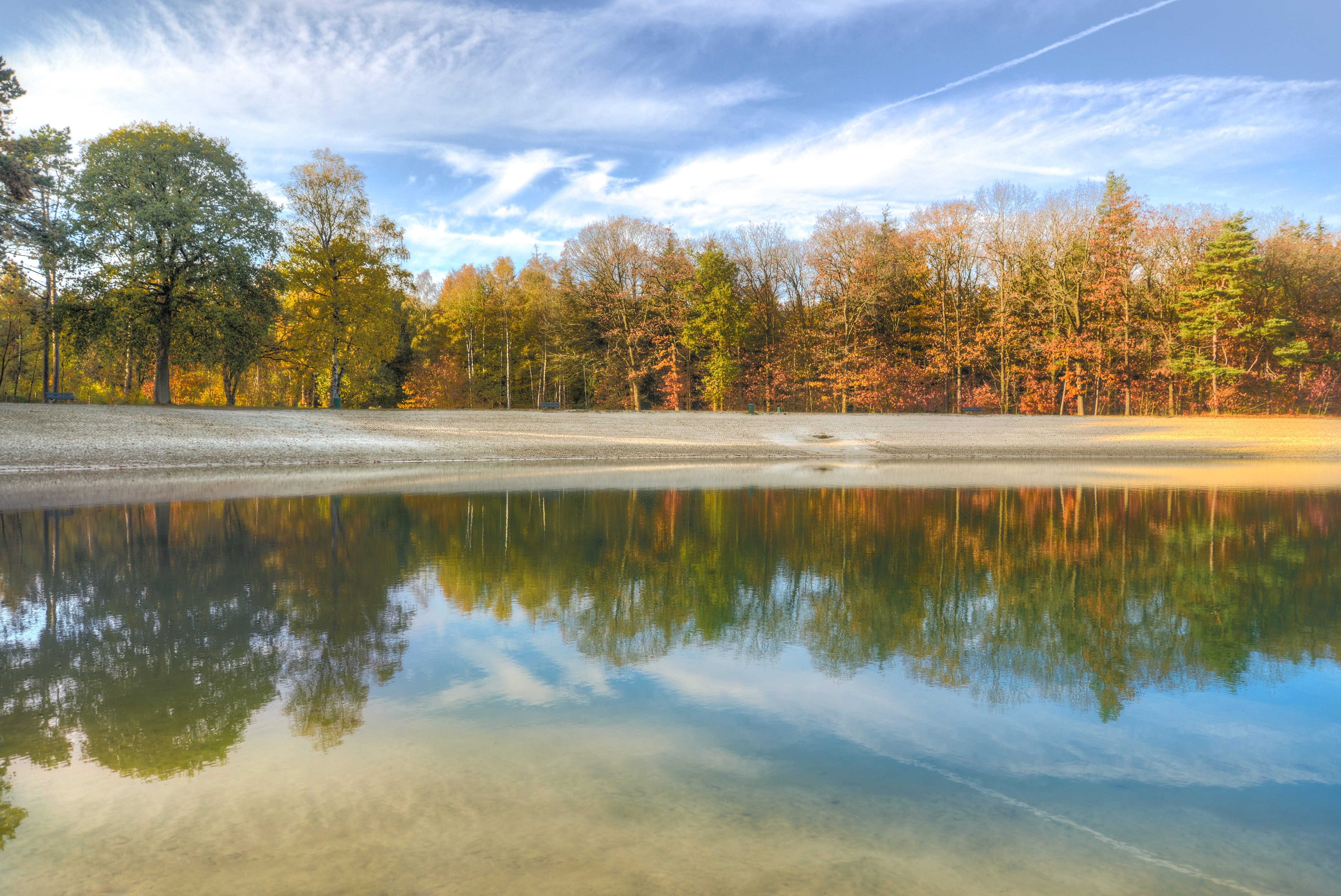 loomeer, sky, water, tranquil scene, drenthe, change, plant, 5K, tree, autumn, fall, lake, landscape, day, blue, trees, beauty in nature, cloud - sky, HD Wallpaper