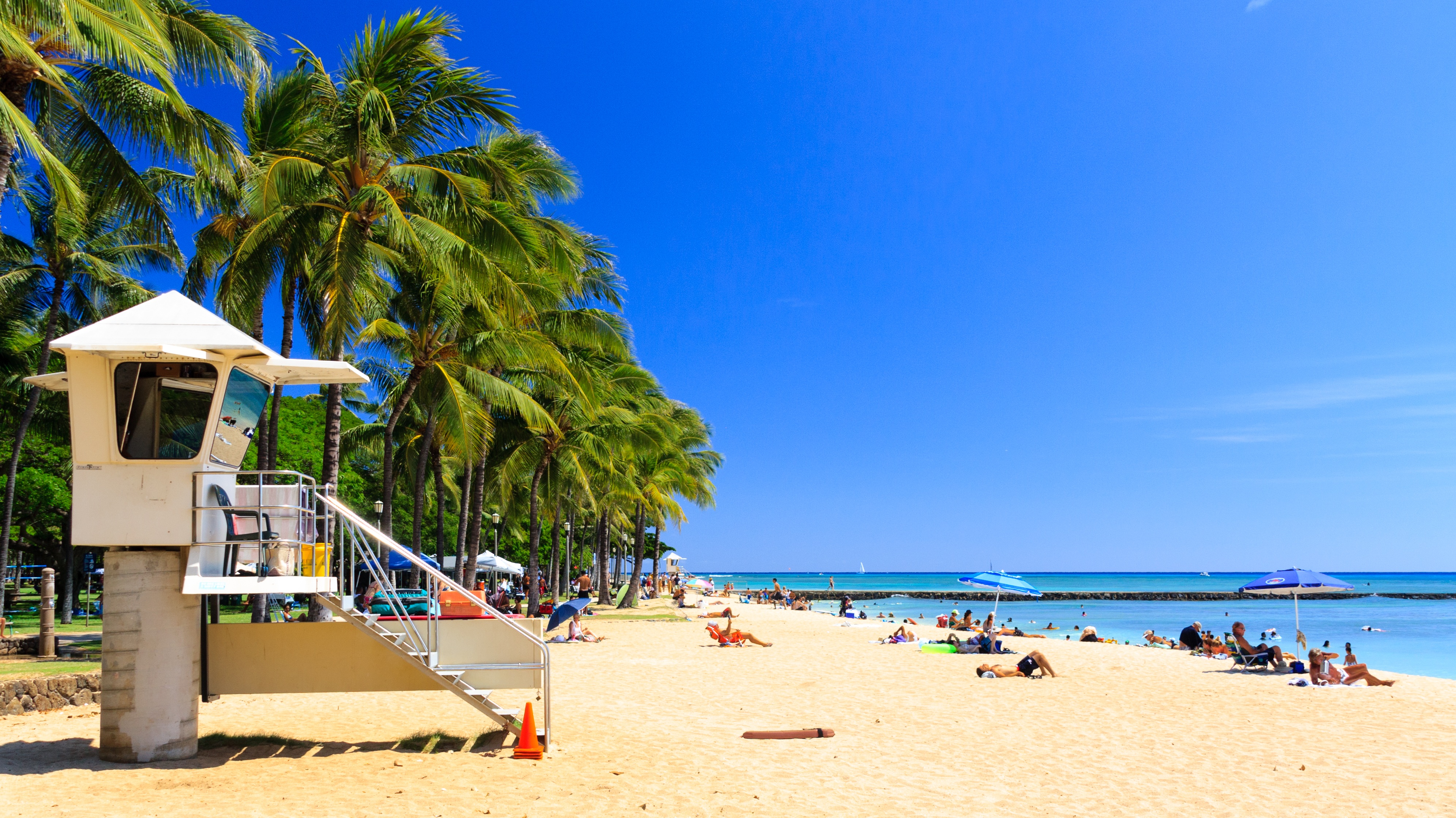 nature, sand, relaxation, coastline, wooden, tropical climate, life, palms, white, incidental people, sky, water, day, honolulu, vacations, hawaii, beach, HD Wallpaper