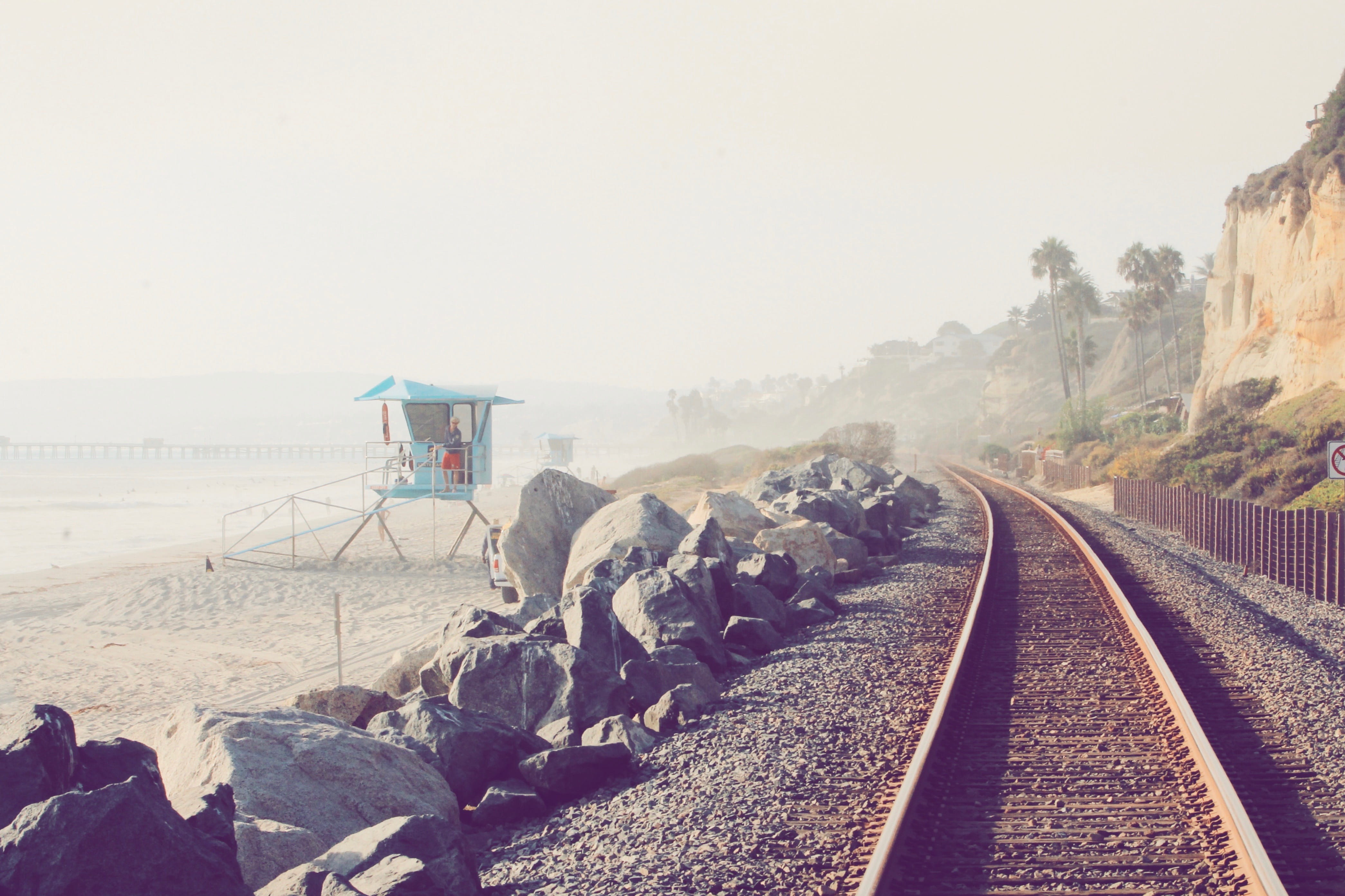 rock, rail transportation, wood, palm, day, united states, sky, clear sky, railroad track, direction, lifeguard, california, track, blue, beach, san clemente, HD Wallpaper