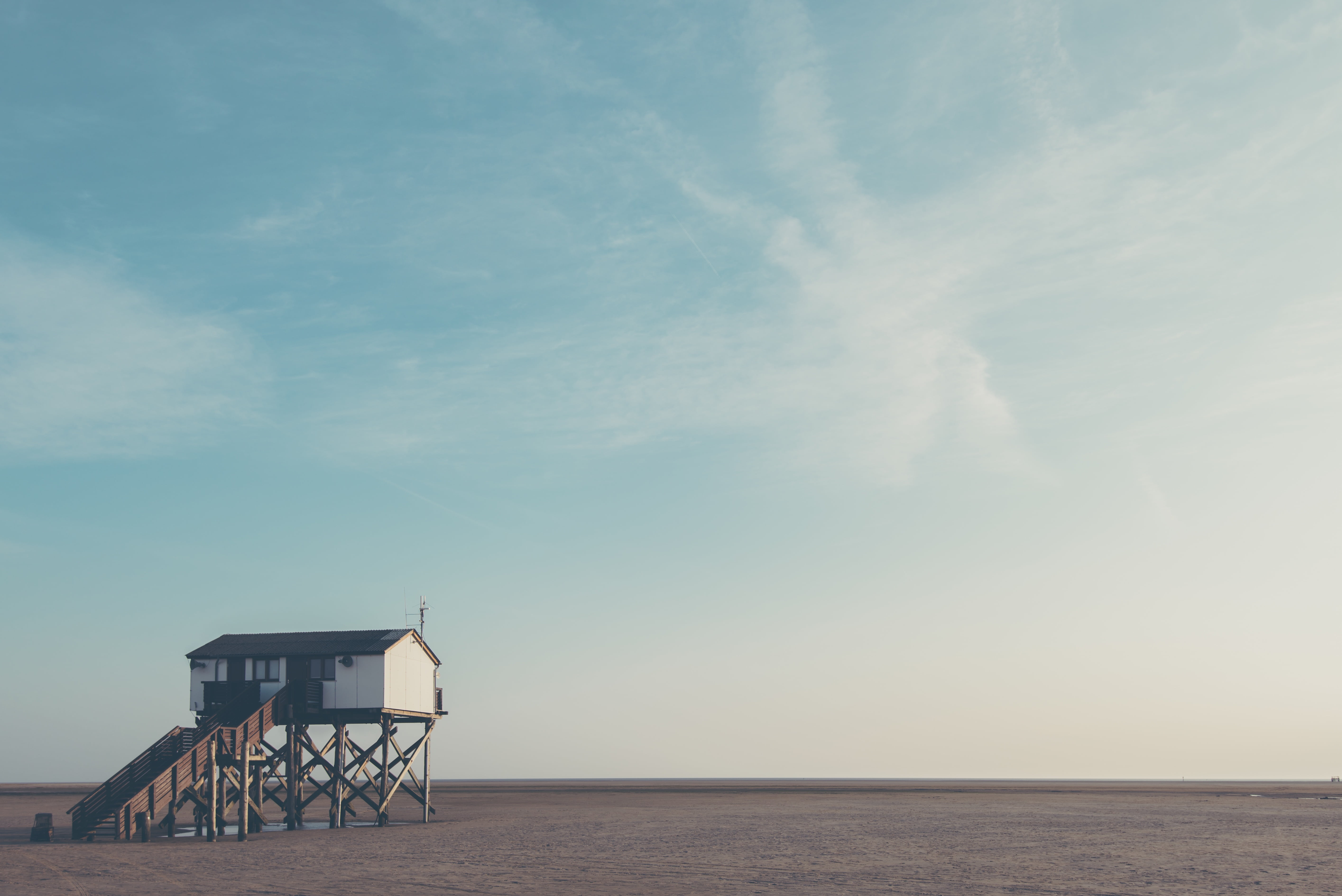 beauty in nature, scenics, cabin, cloud - sky, outdoors, lifeguard hut, sky, tranquil scene, tranquility, scenics - nature, horizon over water, hut, black, HD Wallpaper