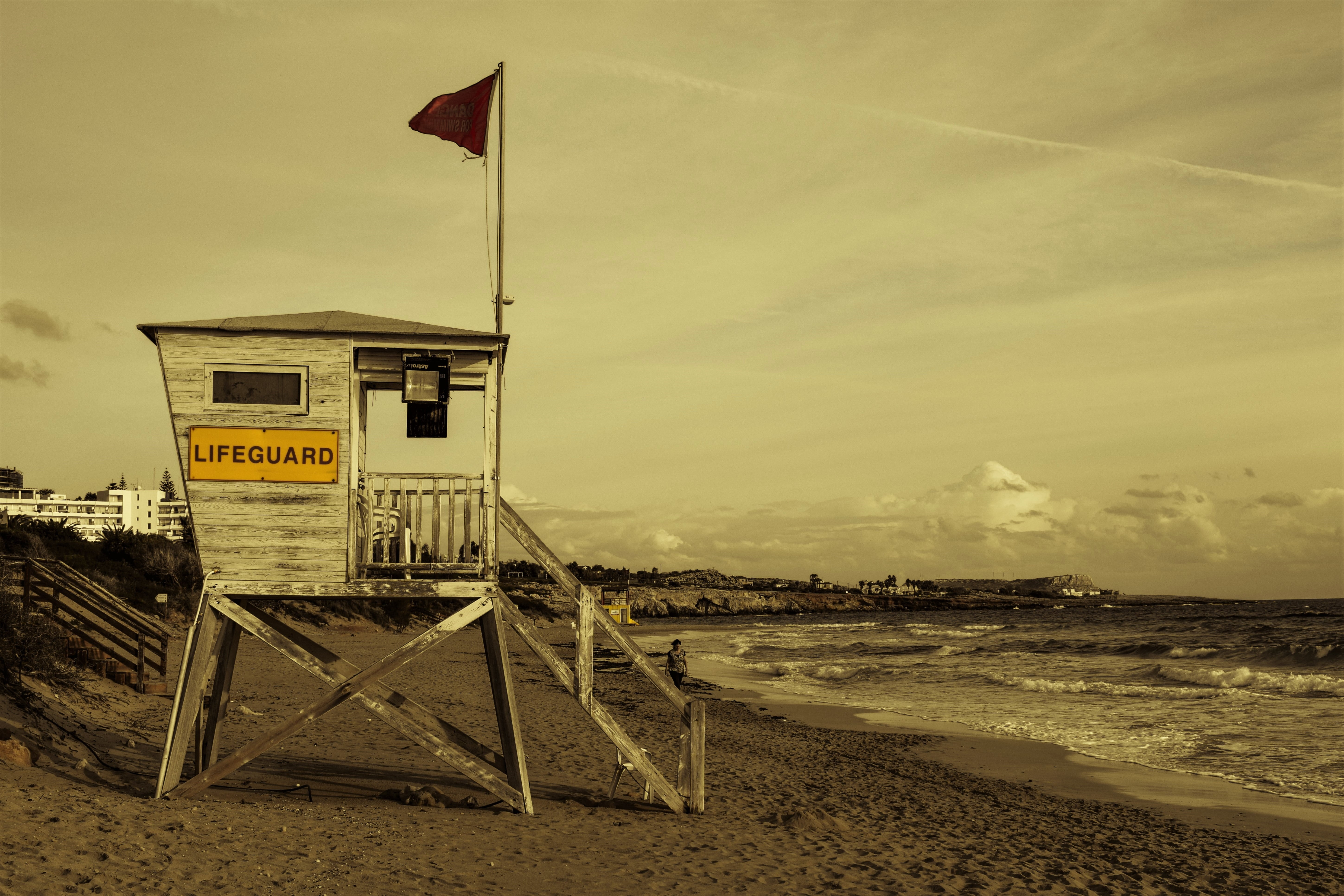 man made structure, cloud - sky, lifeguard, sea, scenics - nature, land, beach, scenery, sky, water, nature, sand, no people, cyprus, ayia napa, sign, lifeguard hut, HD Wallpaper