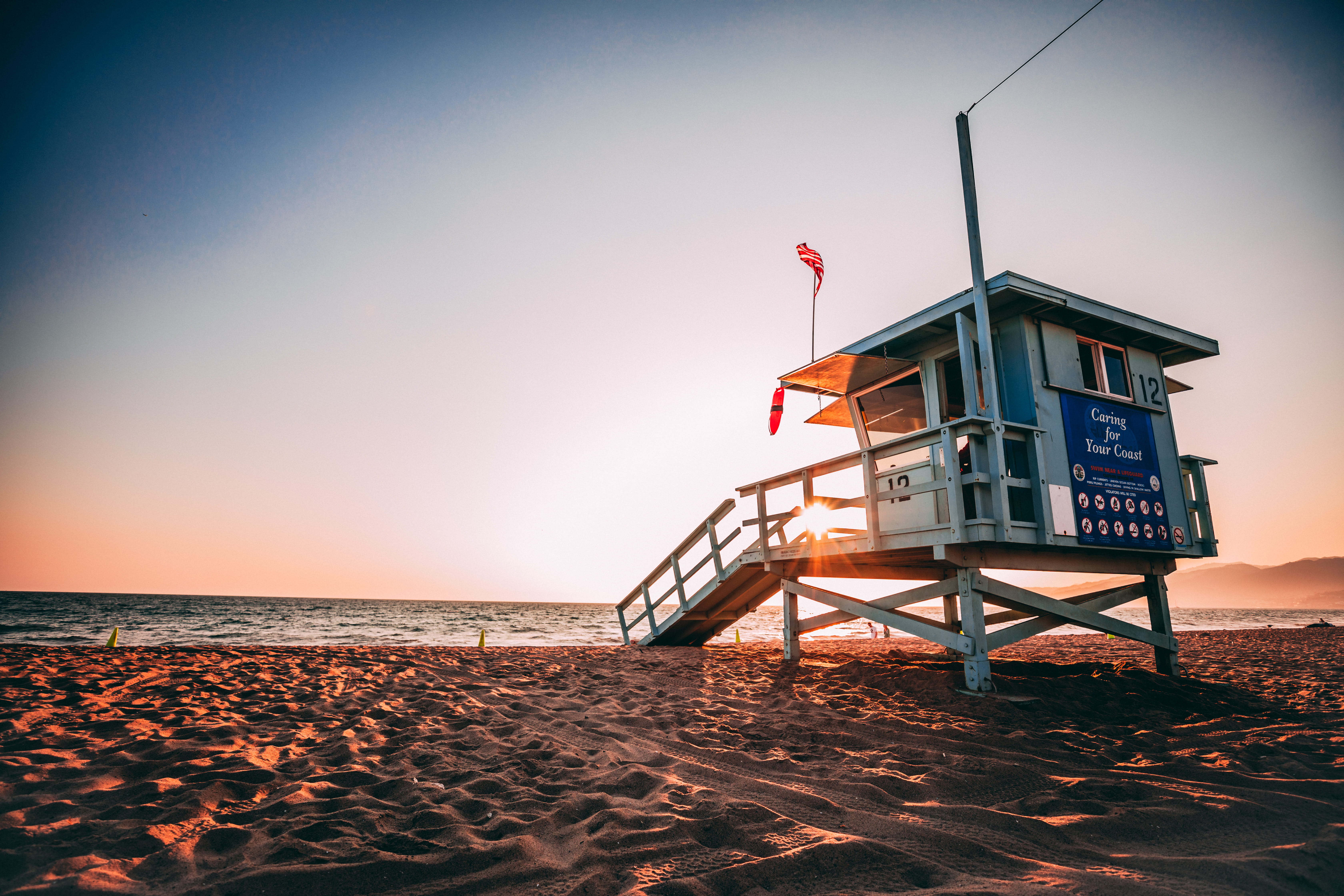 no people, nature, coast, life guard tower, horizon, horizon over water, land, lifeguard hut, architecture, built structure, sea, sky, santa monica, golden hour, HD Wallpaper