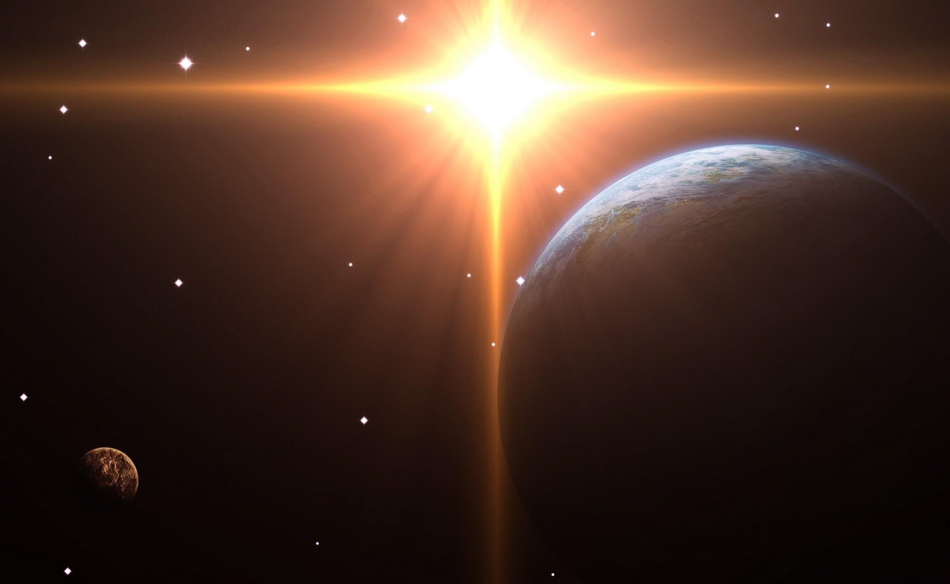 nebula, lens Flare, sunbeam, landscape, rays, shiny, sphere, sky, glowing, moon Surface, eclipse, moon, tranquil scene, scenics - nature, tranquility, light, HD Wallpaper