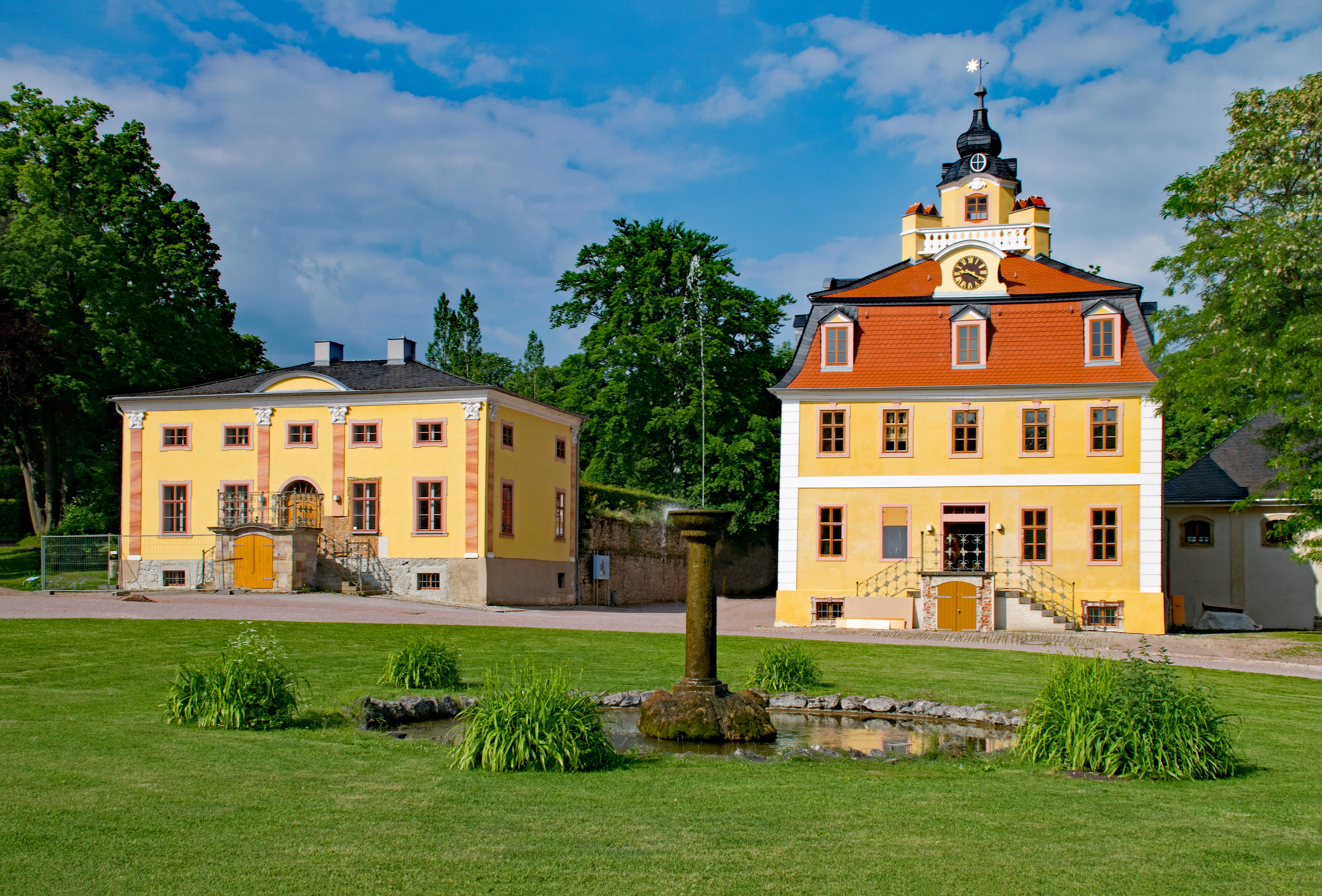 old building, castle, window, tree, grass, religion, belief, belvedere, cloud - sky, nature, building, weimar, thuringia germany, green color, built structure, HD Wallpaper