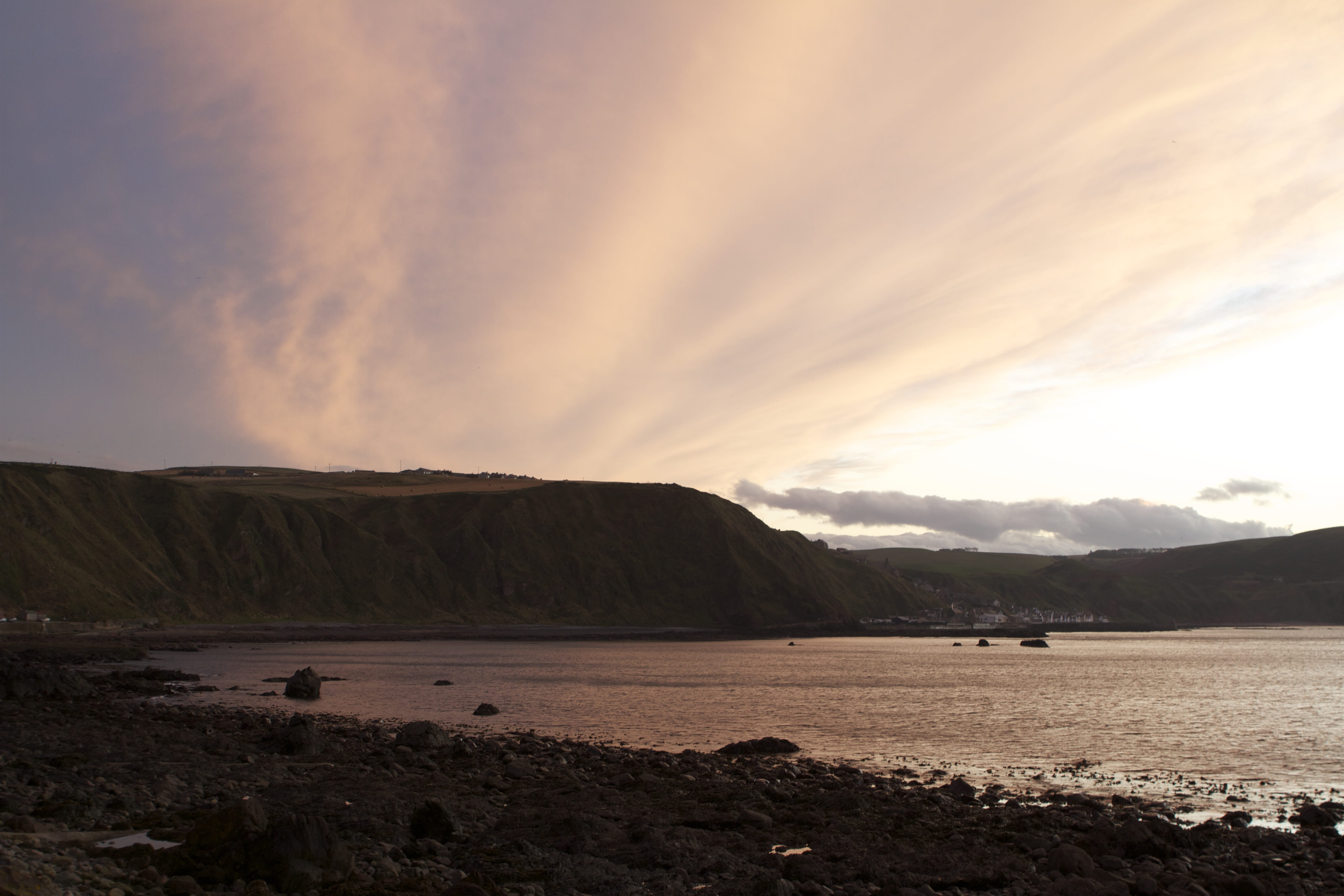 scenics - nature, cloud - sky, gamrie, united kingdom, tranquil scene, village, mountain range, environment, gardenstown, nature, sunset, sky, beauty in nature, HD Wallpaper
