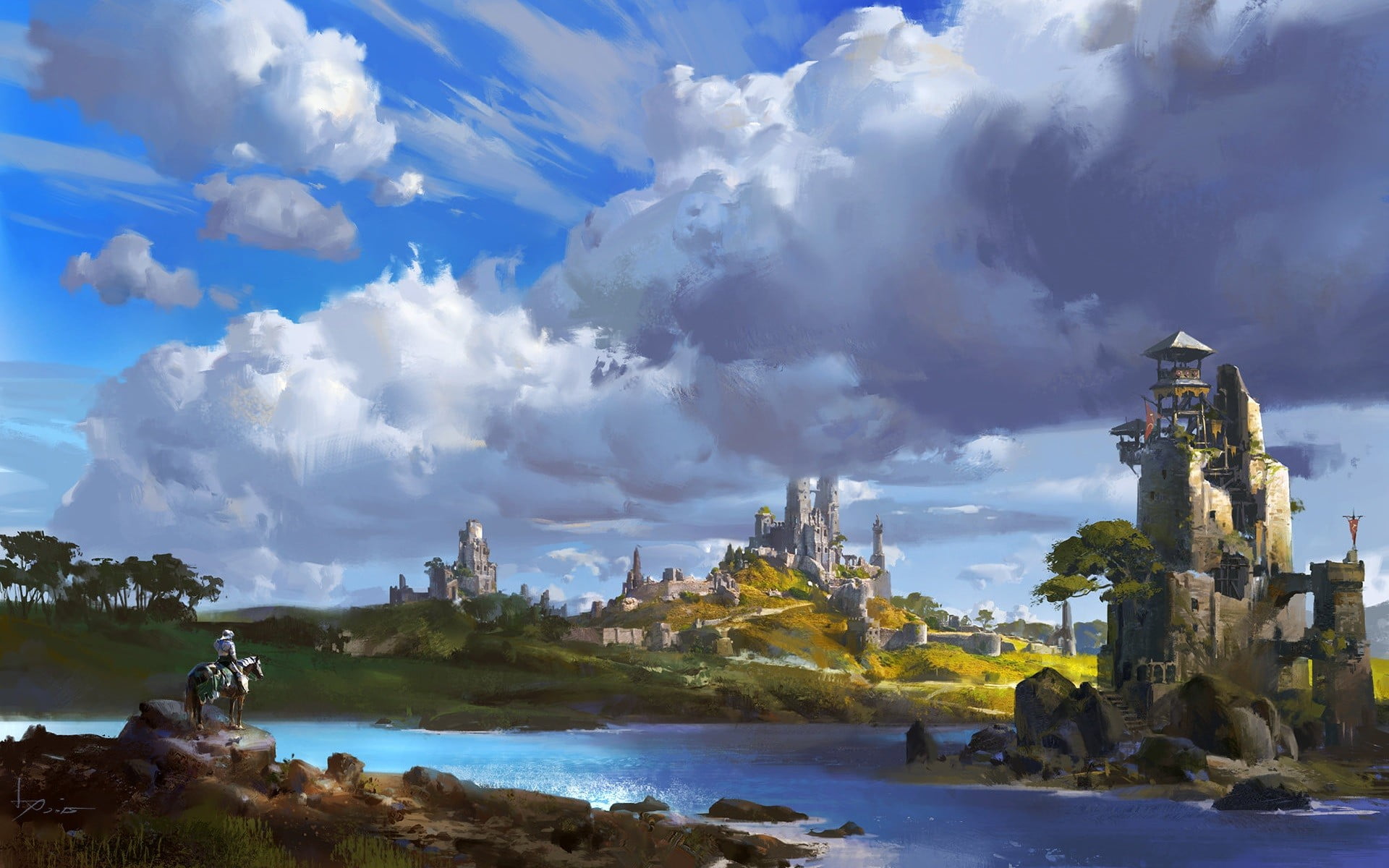 travel destinations, built structure, landscape, 1080P, cloud - sky, day, knight, concept art, spirituality, non-urban scene, river, plant, outdoors, gray, HD Wallpaper