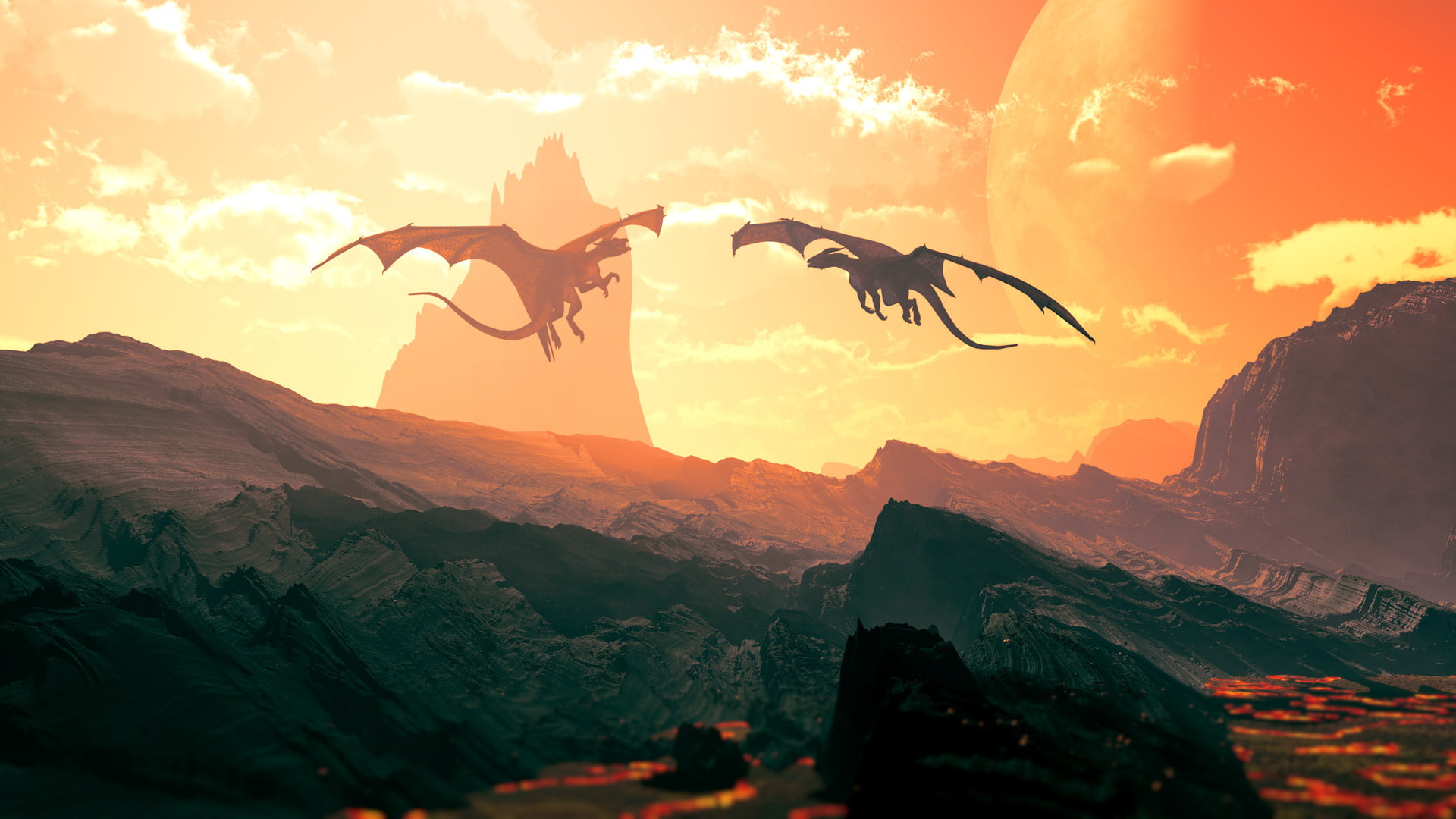 orange color, men, mountain peak, two, dinosaurs, outdoors, real people, sunset, sunlight, flying, rock, nature, illustration, mountain range, scenics - nature, HD Wallpaper