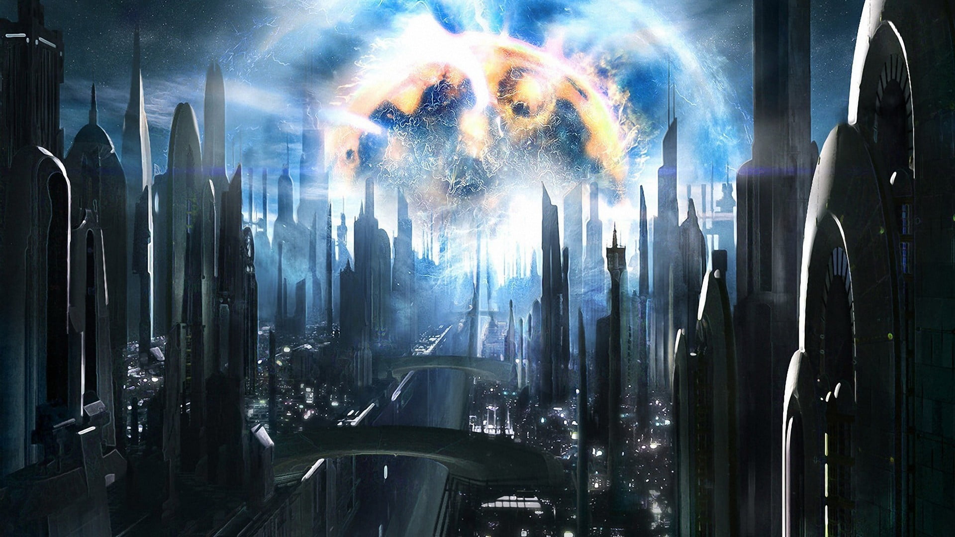 explosion, motion, illuminated, buildings, enjoyment, digital art, panoramic, indoors, rise, futuristic city, people, high, smoke - physical structure, HD Wallpaper