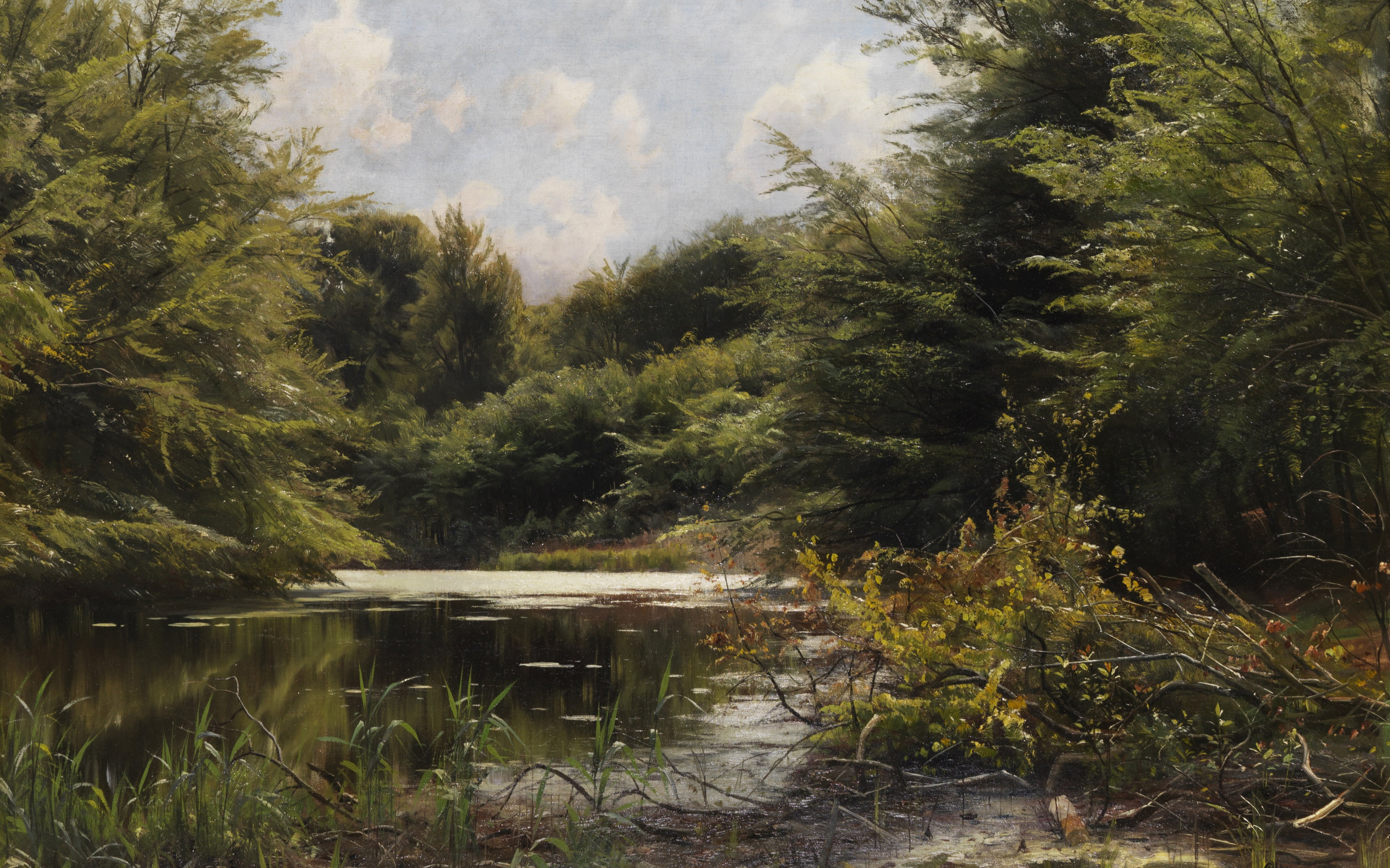 Danish painter, 1907, Peter Merk Of Menstad, The end of summer at a forest pond, Danish realist painter, oil on canvas, Peder Mørk Mønsted, Late summer at the forest pond, HD Wallpaper