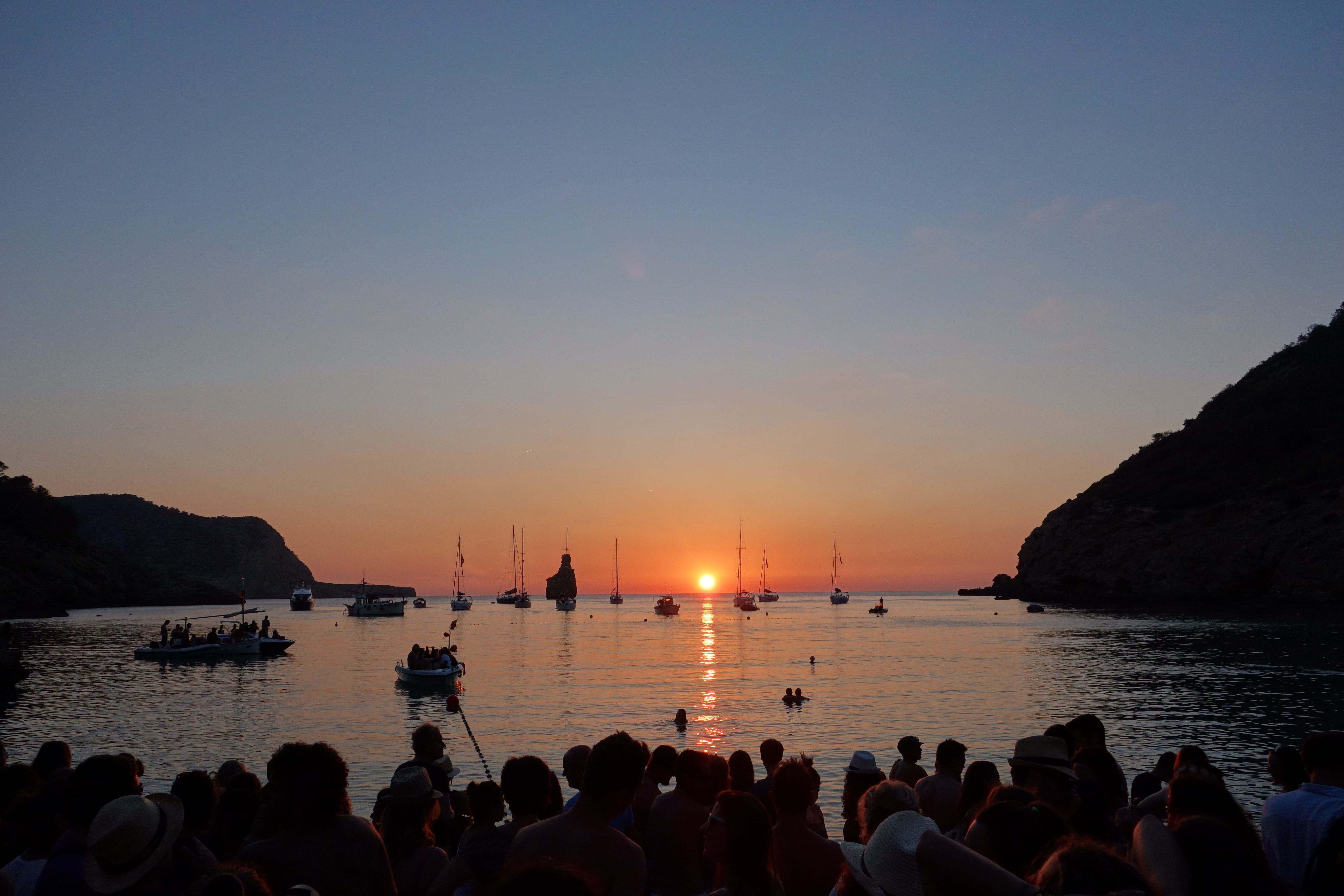 balearic, large group of people, mediterranean, ibiza, sunset, tranquil scene, horizon, group of people, transportation, people, beauty in nature, sea, HD Wallpaper