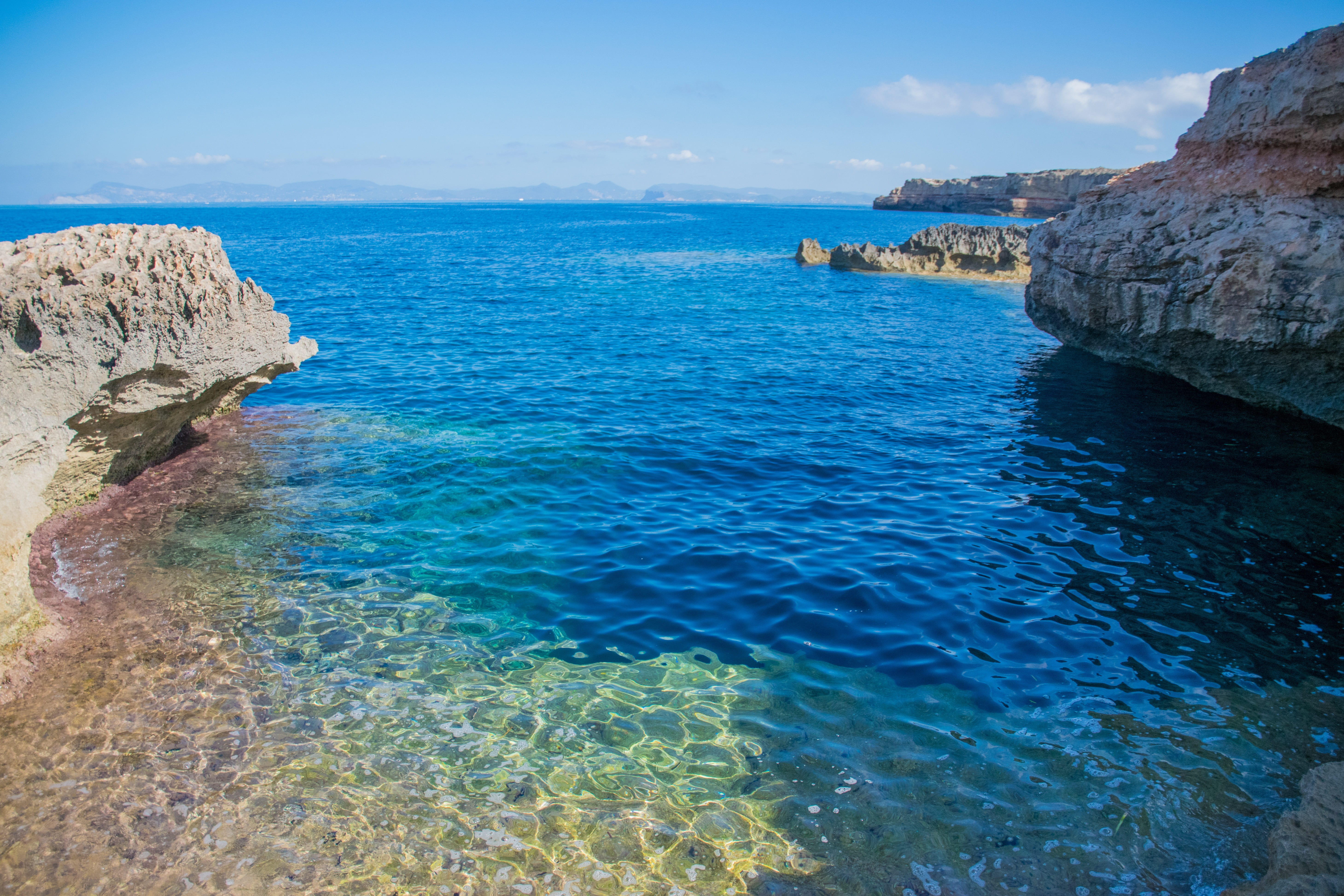 rock, outdoors, day, sky, 5K, nature, rocky coastline, horizon over water, formentera, beauty in nature, rock formation, cala, sea, horizon, rock - object, HD Wallpaper