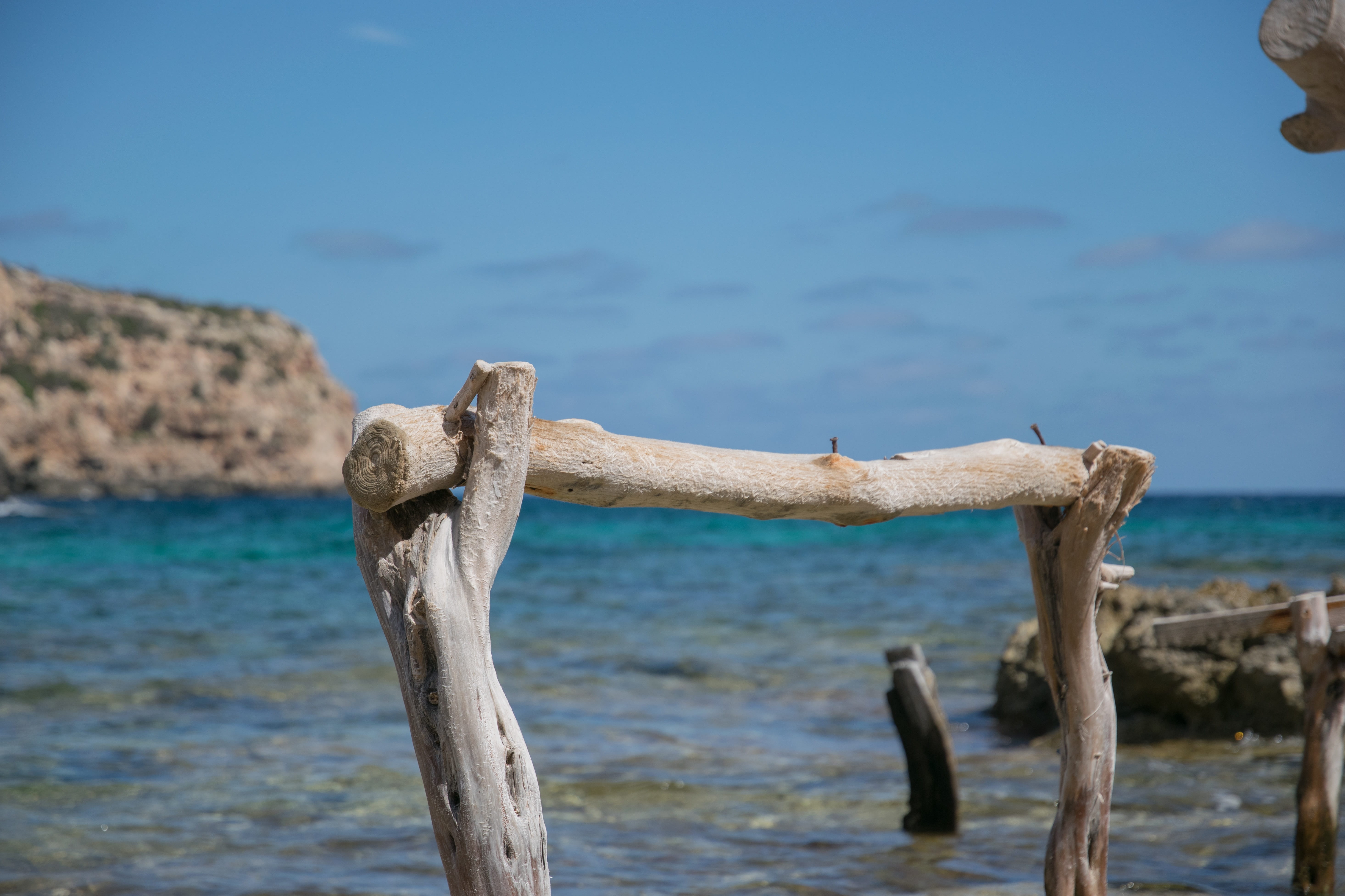 water, blue, scenics - nature, formentera, focus on foreground, outdoors, wood, beauty in nature, horizon over water, sky, tranquility, land, tranquil scene, HD Wallpaper