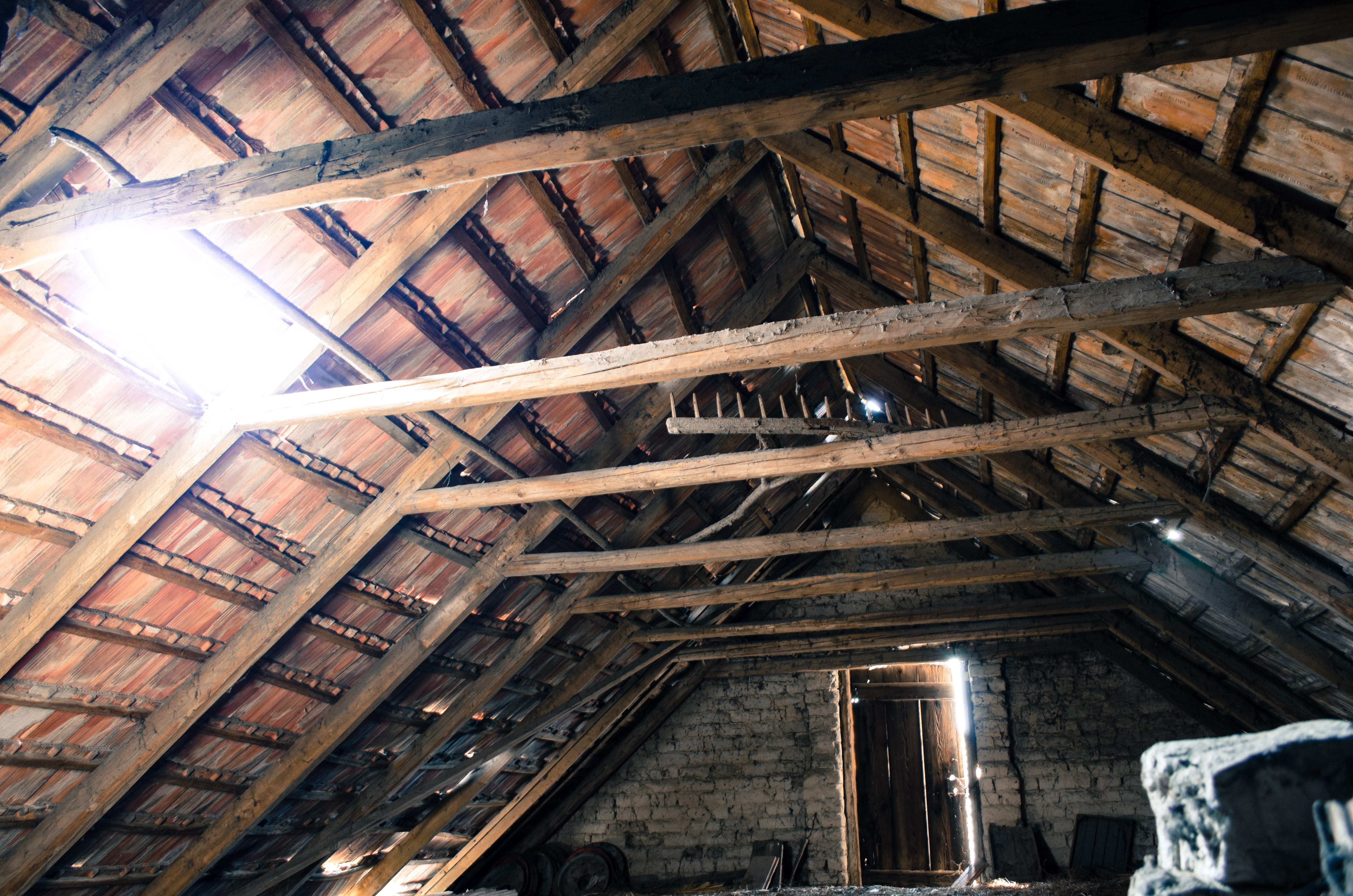 Attic, Light, beams, roof beam, lighting equipment, low angle view, door, indoors, window, wood - material, Tile, ceiling, ladder, pattern, pise, no people, HD Wallpaper