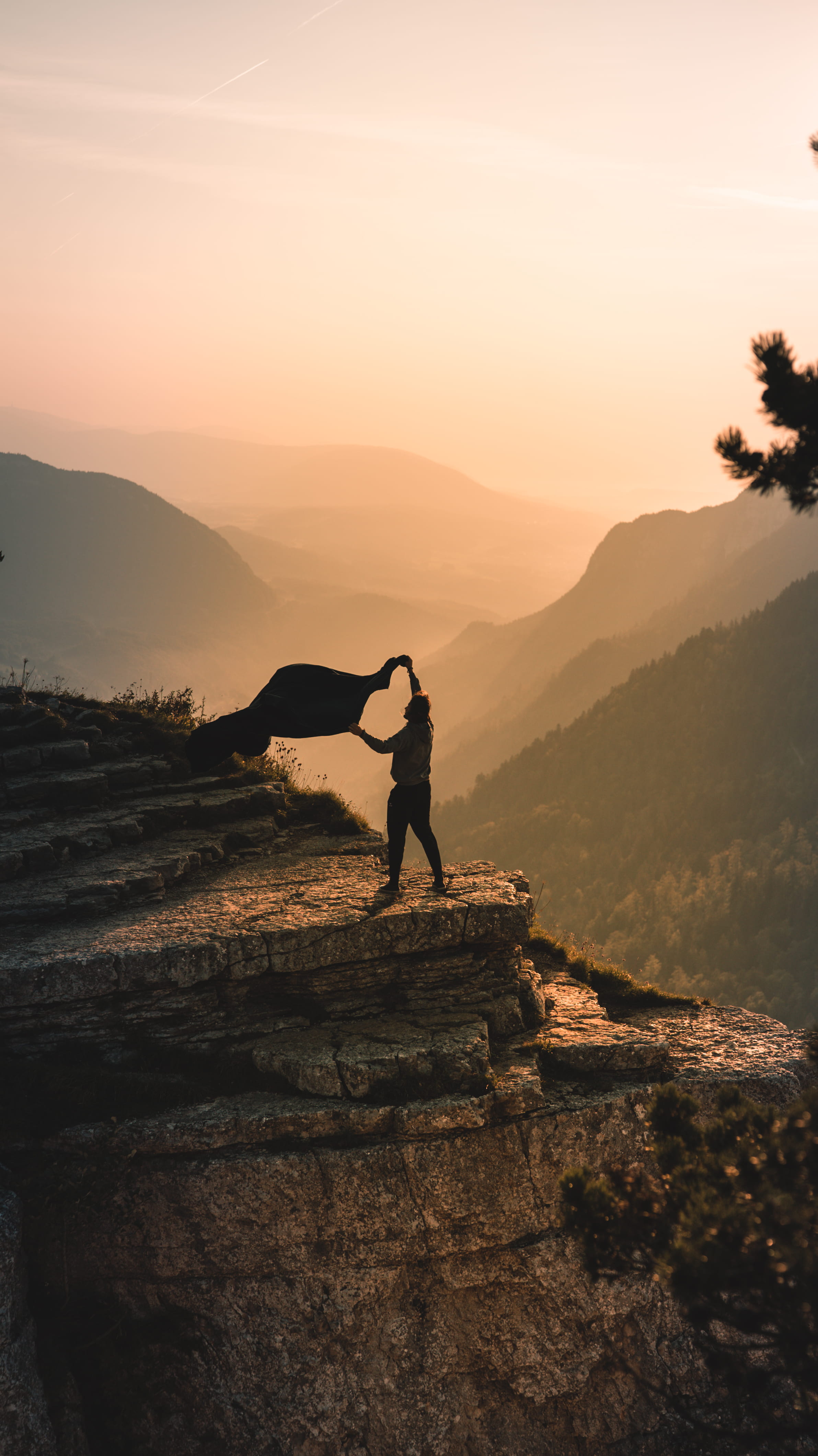 backpack, cliffside, sea, rock, women, nature, rock - Object, flying flag, lifestyles, chinese Ethnicity, back Lit, sunrise - Dawn, orange, asian and Indian Ethnicities, Phone HD Wallpaper