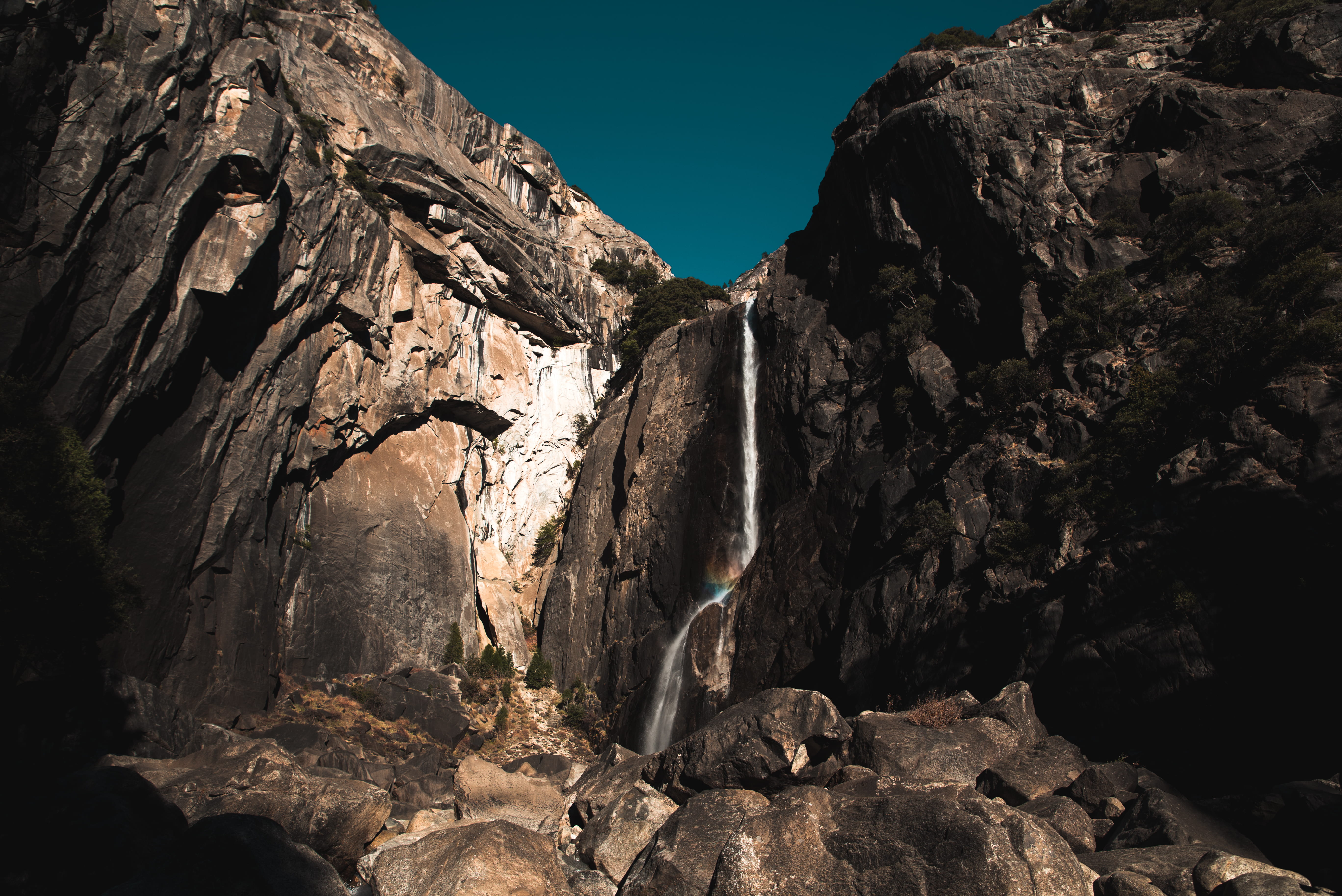 formation, waterfalls, mountain, rough, no people, low, non-urban scene, angle, nature, rainbow, tranquil scene, looking up, explore, blue, travel, cliff, HD Wallpaper