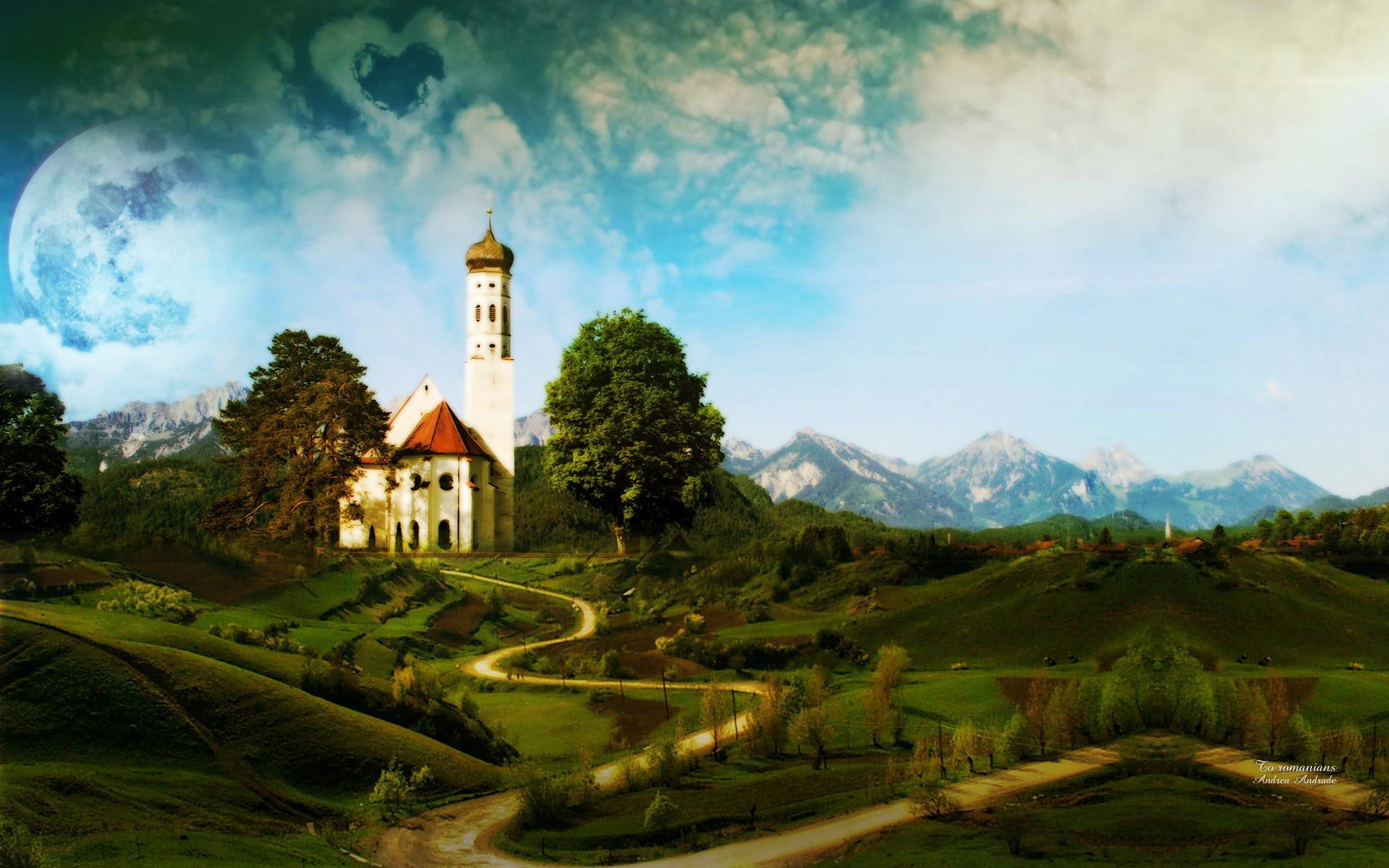 1080P, red, vintage, deinha, church, fields, romanians, green, mountains, hilltop, building, animals, white, large, andrea andrade, HD Wallpaper