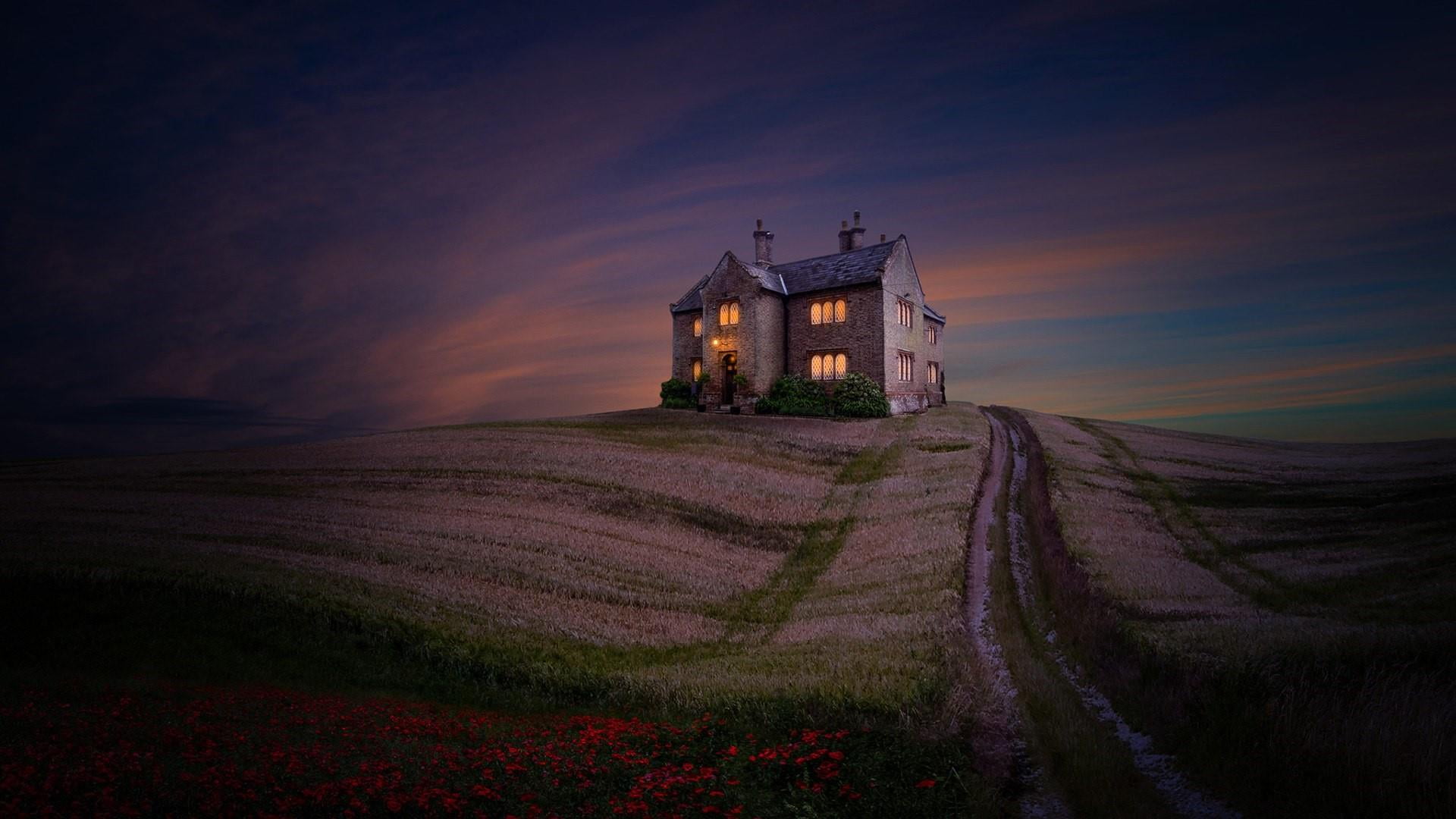 house, history, horizon, land, night, cottage, purple, building exterior, landscape, atmosphere, field, sky, rural scene, dusk, cloud - sky, cloud, evening, HD Wallpaper