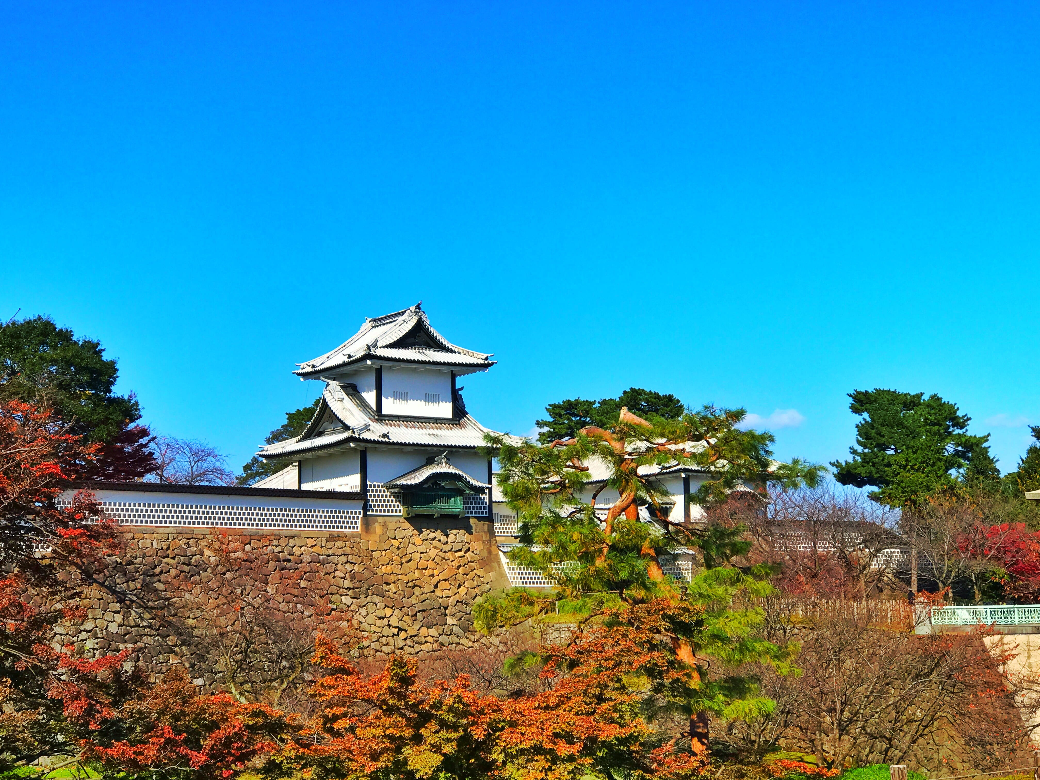 blue, building, autumn, day, 4K, castle, kanazawa, building exterior, beauty in nature, house, growth, outdoors, Landscape, sky, mountain, built structure, HD Wallpaper