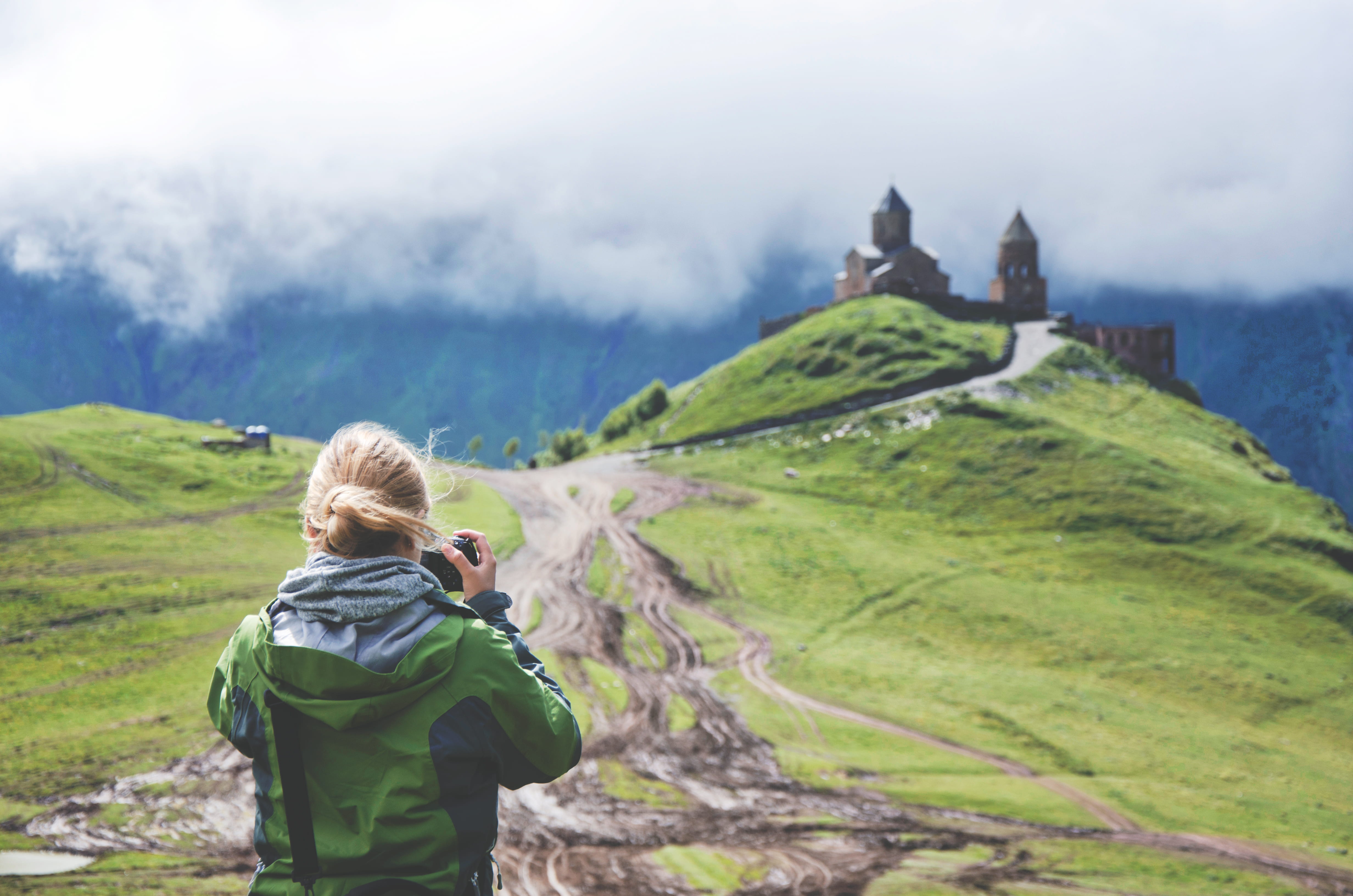 women, captures, beauty in nature, mountain range, memory, hill, one person, landscape, nature, hilltop, church, travel, rear view, taking, adult, cloud, HD Wallpaper