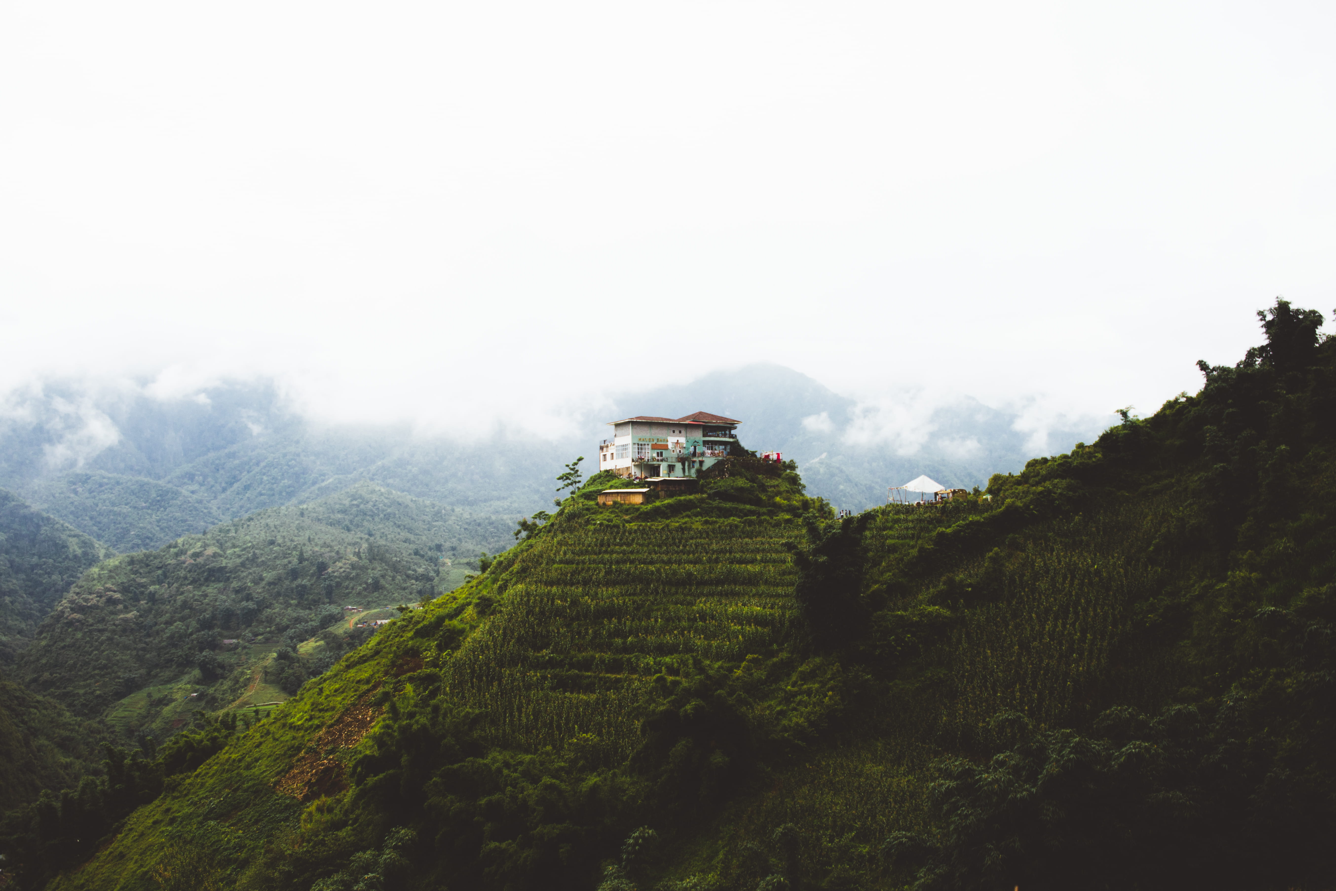 outdoors, on a hill, sky, hill, travel, landscape, concrete, tea crop, tranquility, environment, plant, mountain range, land, beauty in nature, architecture, HD Wallpaper