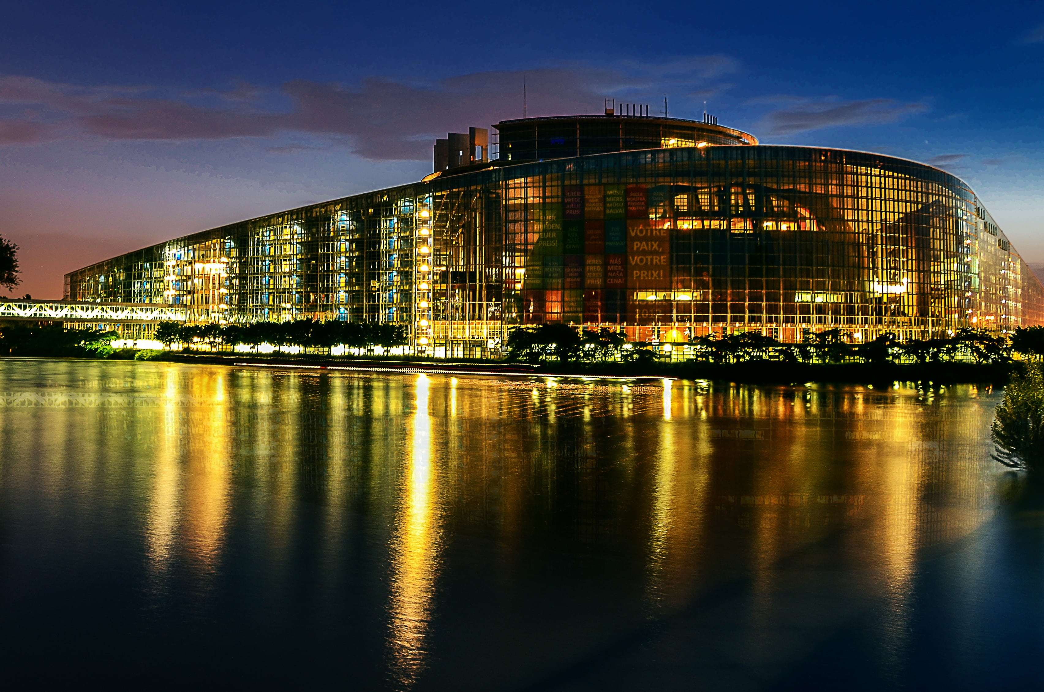 night, city, office building exterior, nature, photo, alsace, european, 2K, reflection, outdoors, architecture, city life, travel destinations, cityscape, HD Wallpaper