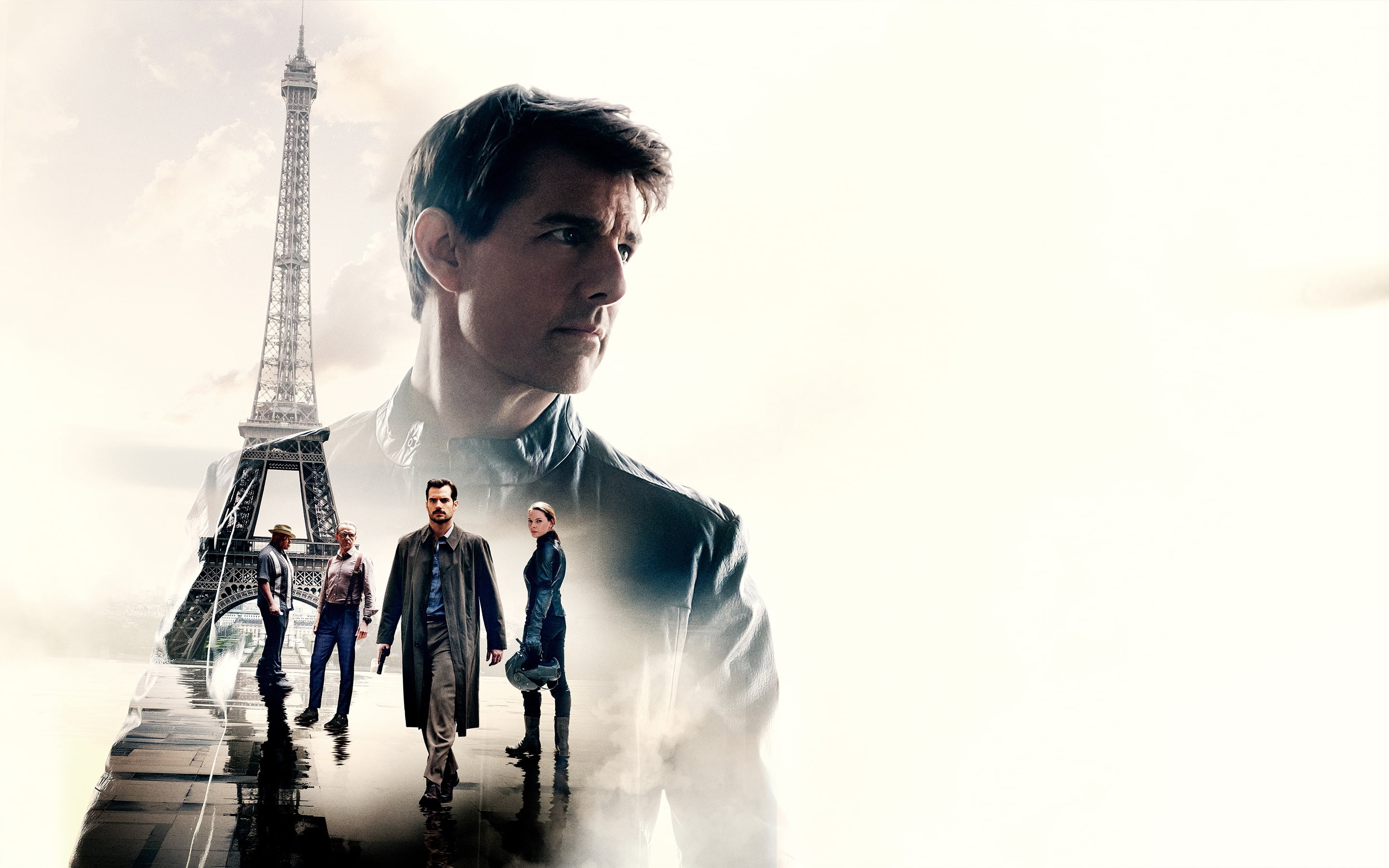 action, Mission: Impossible - Fallout, white background, Ethan Hunt, characters, Ving Rhames, Eiffel tower, Mission: impossible-the Consequences, Henry Cavill, HD Wallpaper