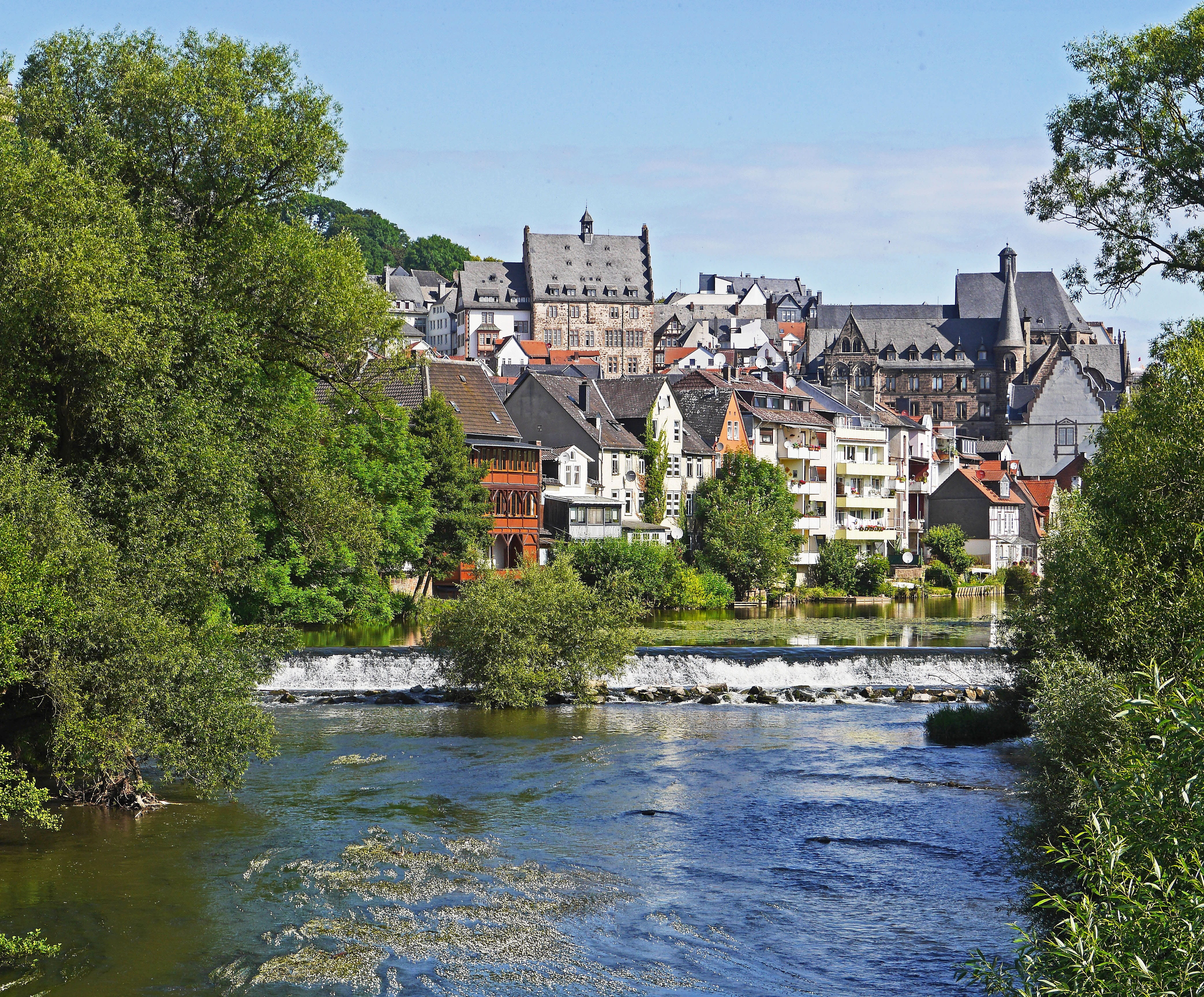 river, 4K, plant, historically, lahn, residential district, no people, building, architecture, city view, nature, waterfront, sky, waterfall, town hall, HD Wallpaper