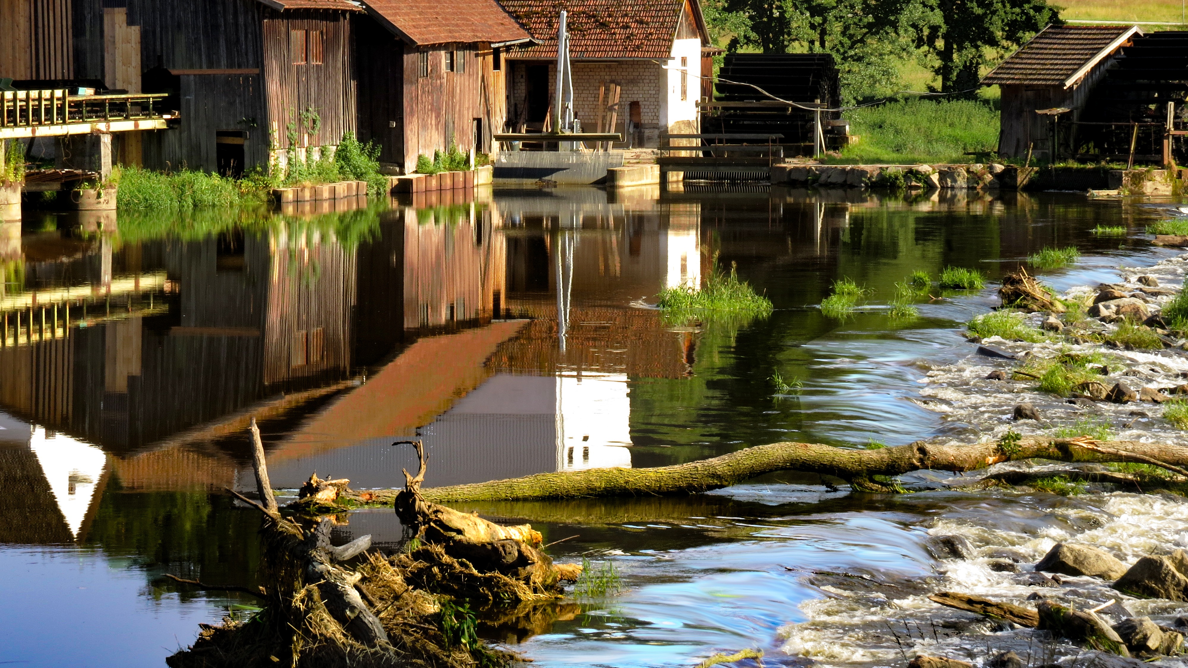 tranquility, waterwheel, mill wheel, house, grind, lake, saw mill, nature, built structure, river, mill, water mill, weir, water, building exterior, water power, HD Wallpaper