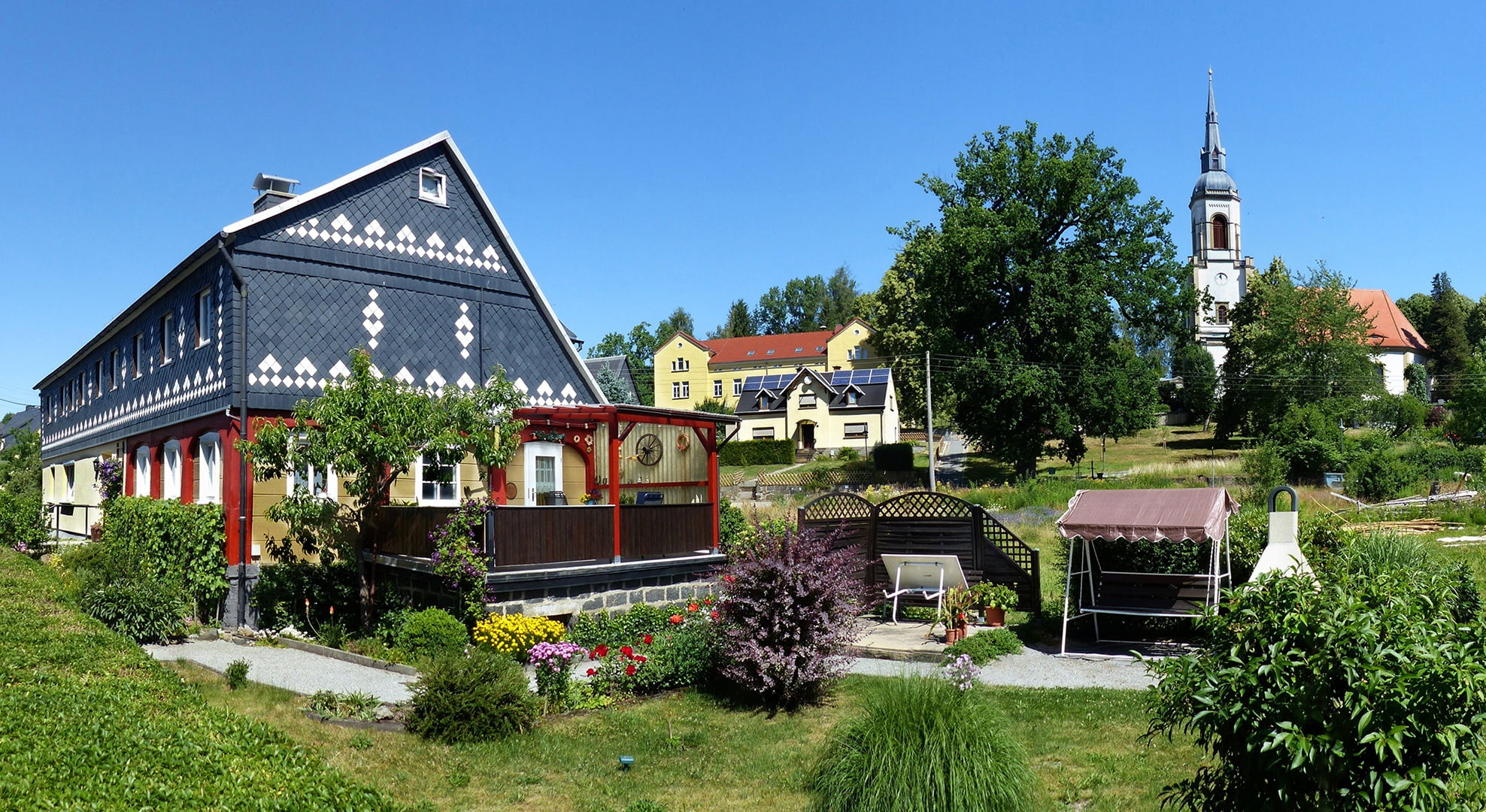 the sky, 1080P, Weir village, the sun, flowers, home, Germany, the bushes, trees, HD Wallpaper