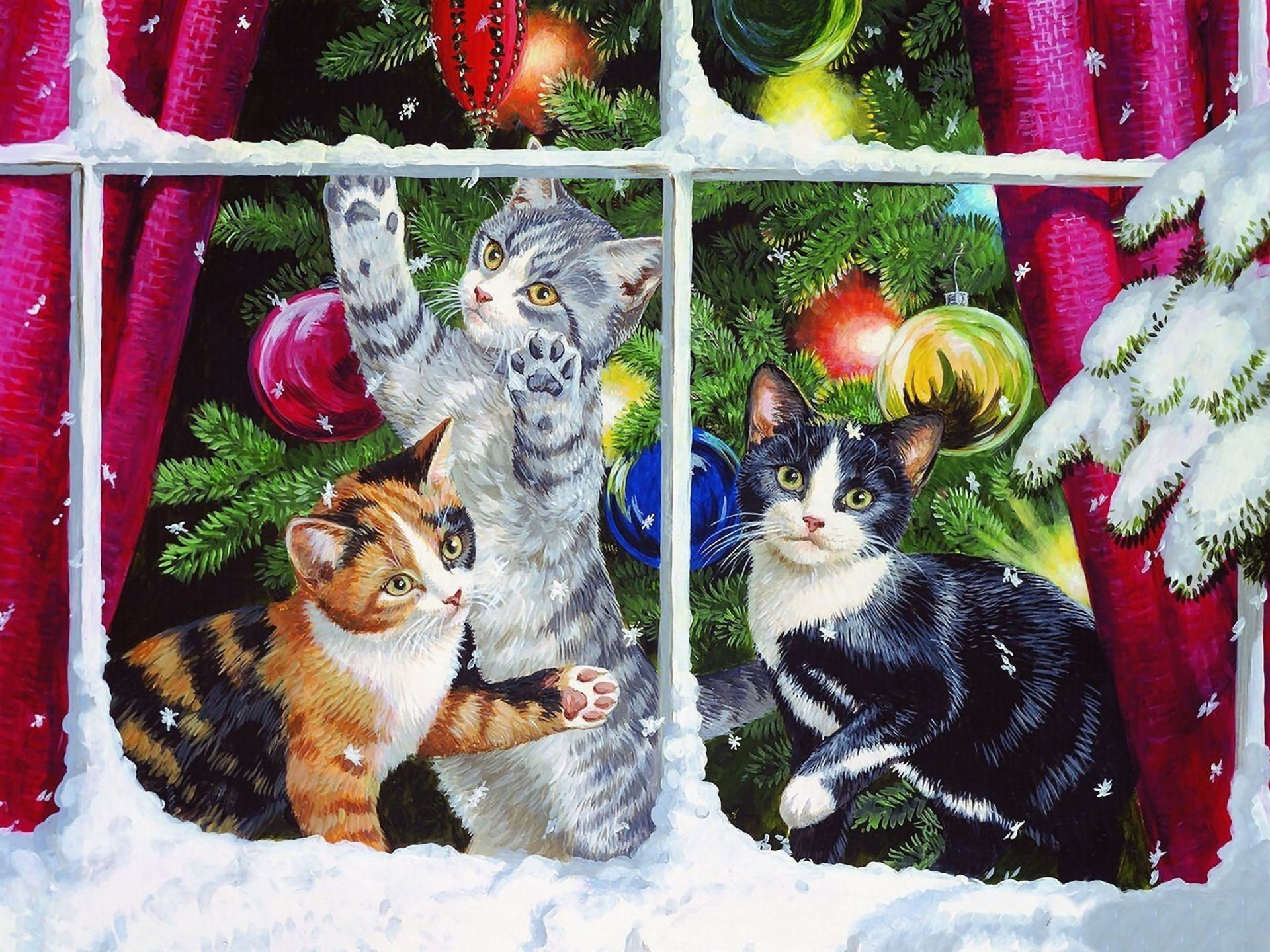 window, kittens, Persis Clayton Weirs, toys, snow, branch, tree, 1080P, cats, holiday, decoration, HD Wallpaper