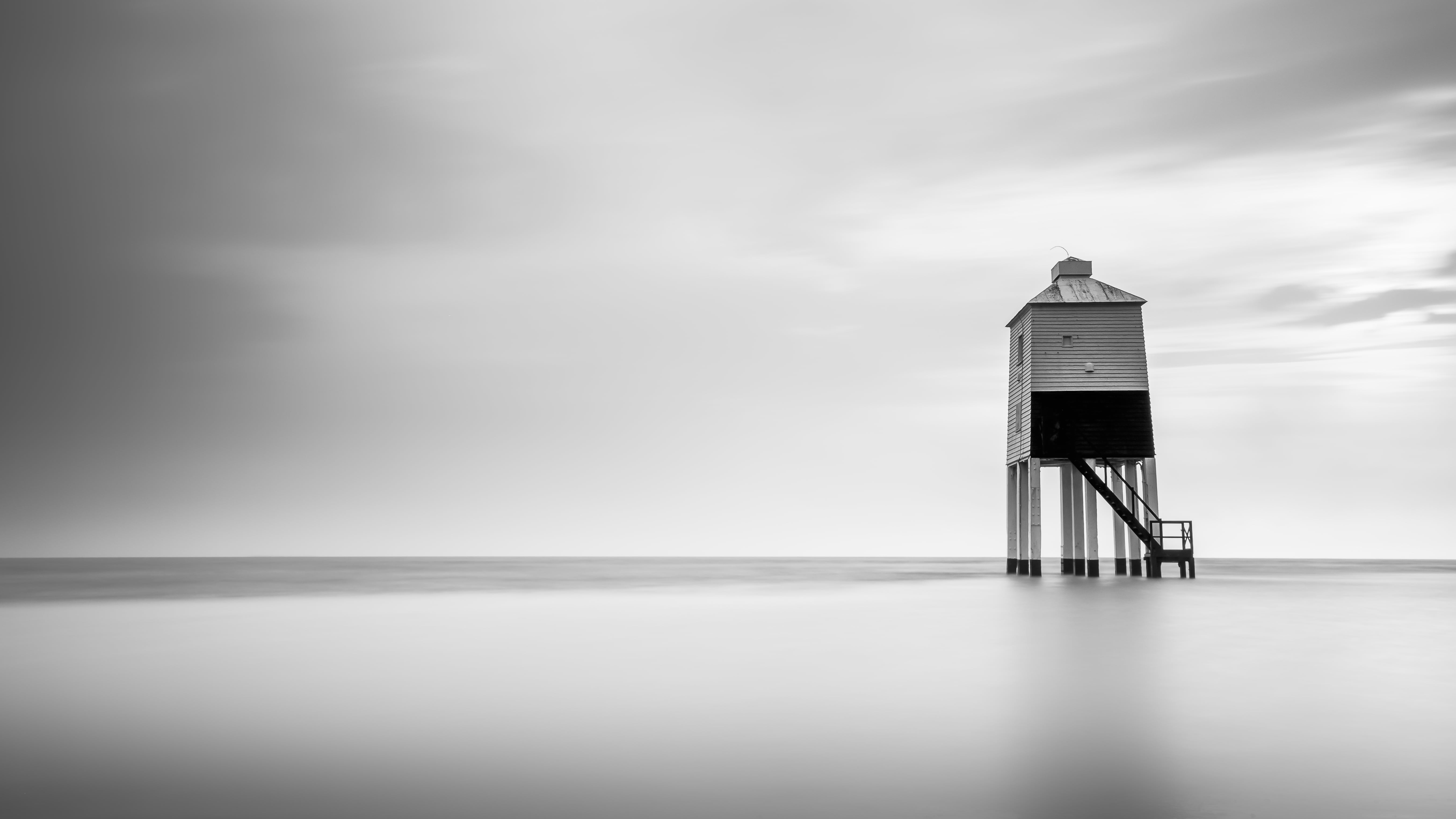 coast, grayscale, jones, burnham, photography, mono, sunset, explored, Lighthouse, tower, somerset, 5K, long exposure, lifeguard tower, Burnham on Sea, HD Wallpaper