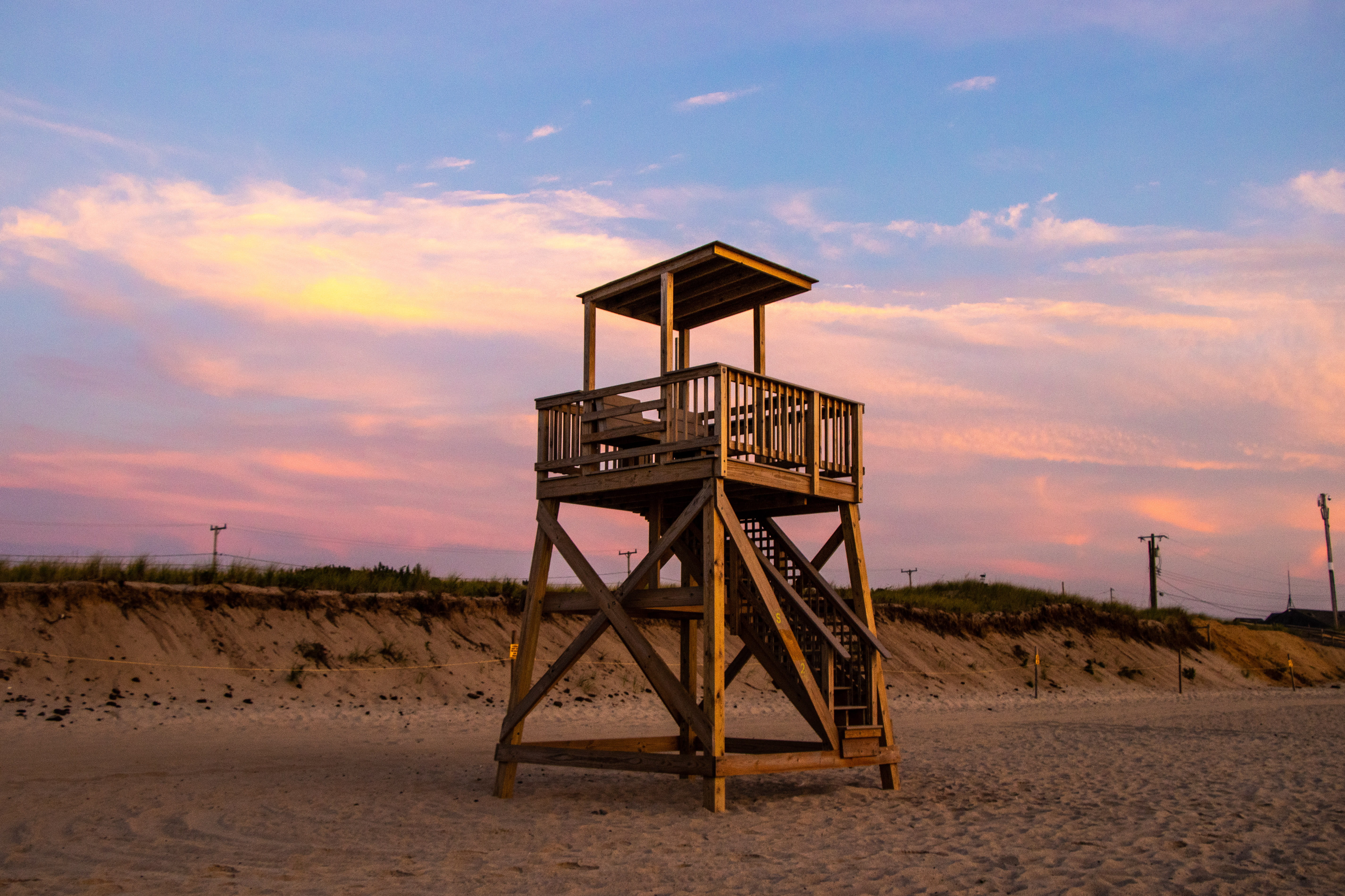 hut, man made structure, no people, security, water, outdoors, observation point, orleans, 5K, sunset, nature, landscape, lifeguard, lookout tower, united states, HD Wallpaper