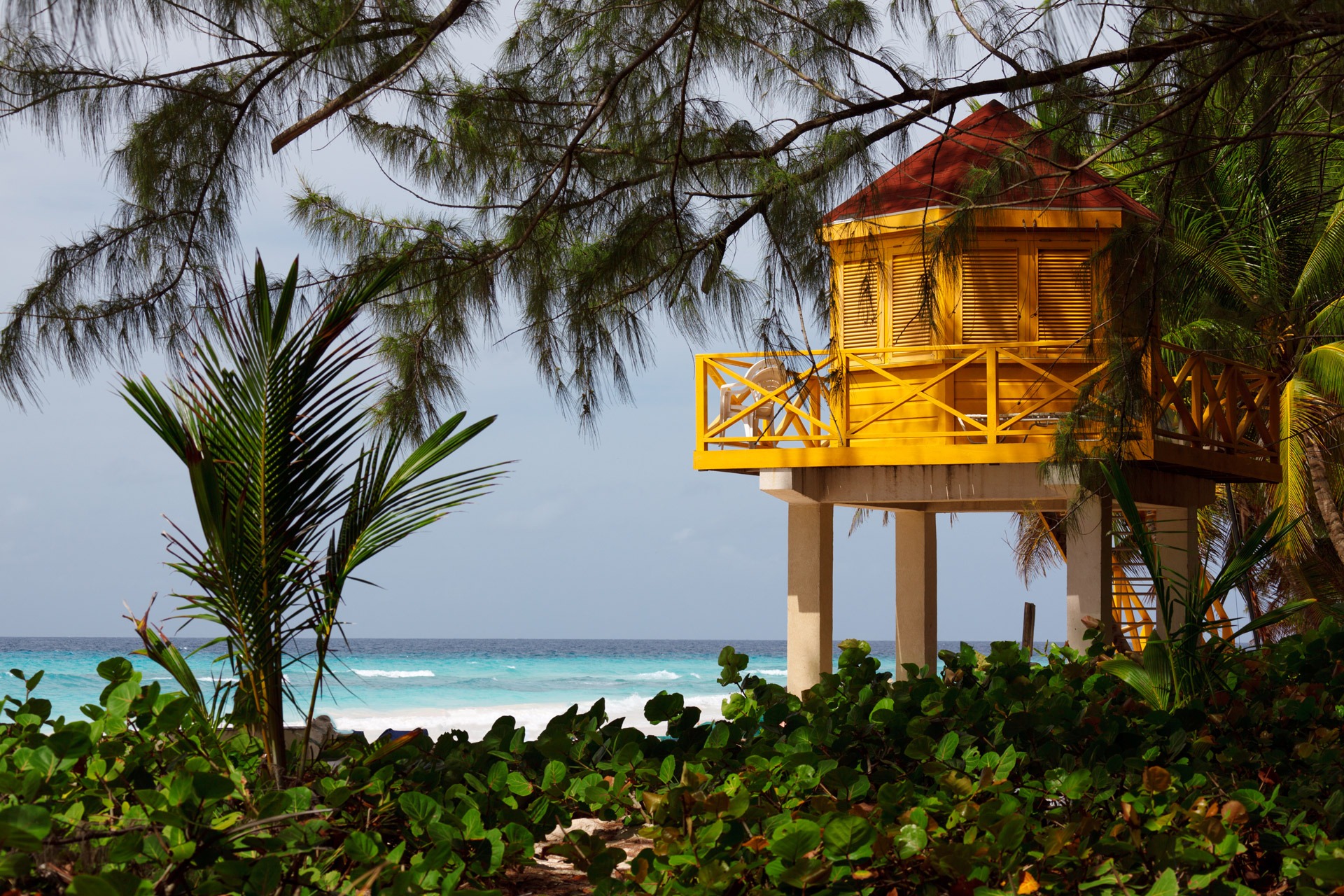 outdoors, tropical Climate, hut, horizon over water, wooden, coastline, vacations, yellow, beauty in nature, tower, lifeguard, day, architecture, safety, HD Wallpaper