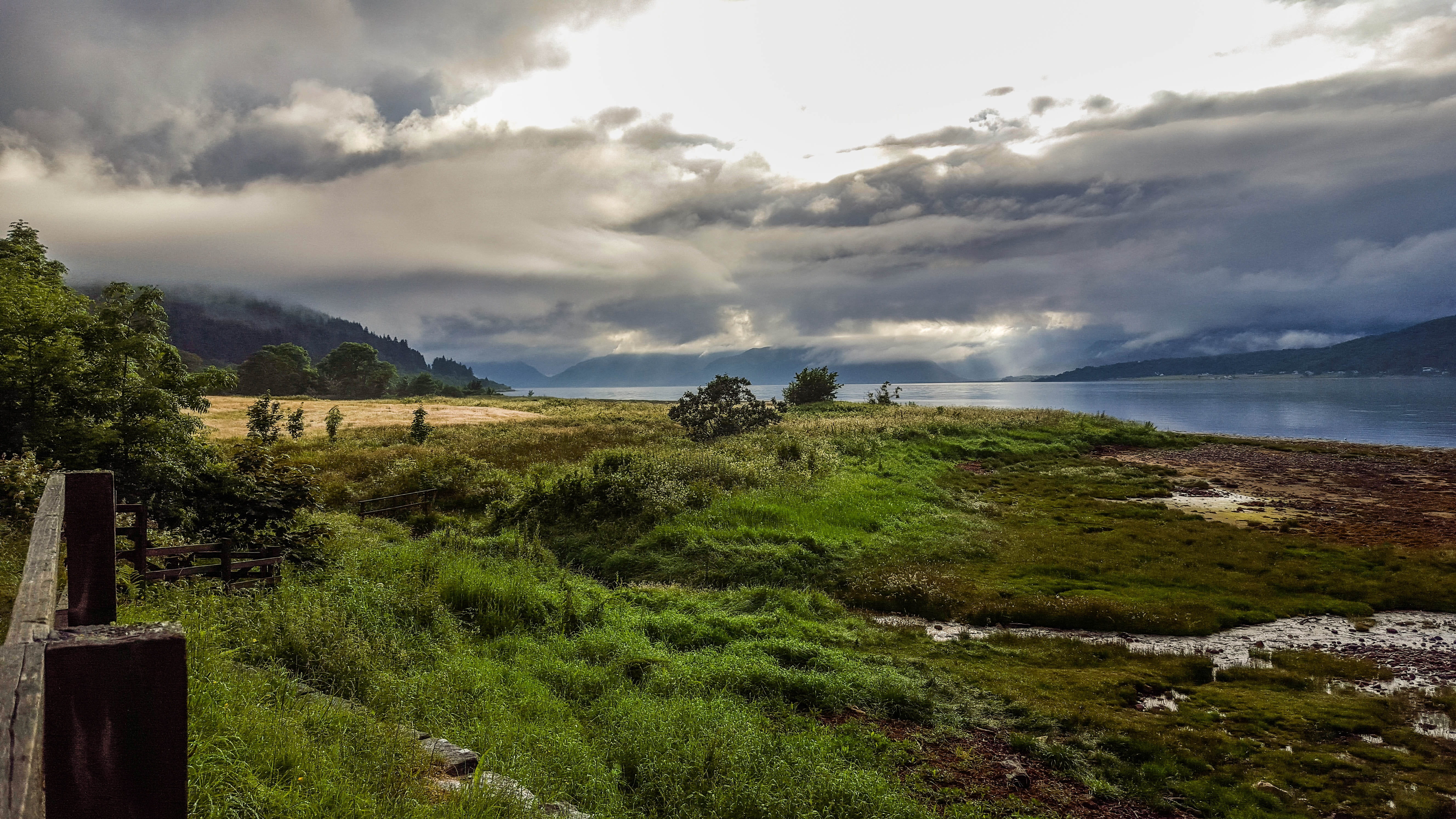 abendstimmung, highlands and islands, landscape, no people, river, water, plant, clouds, sky, tranquil scene, nature, 5K, overcast, green color, mountain, HD Wallpaper