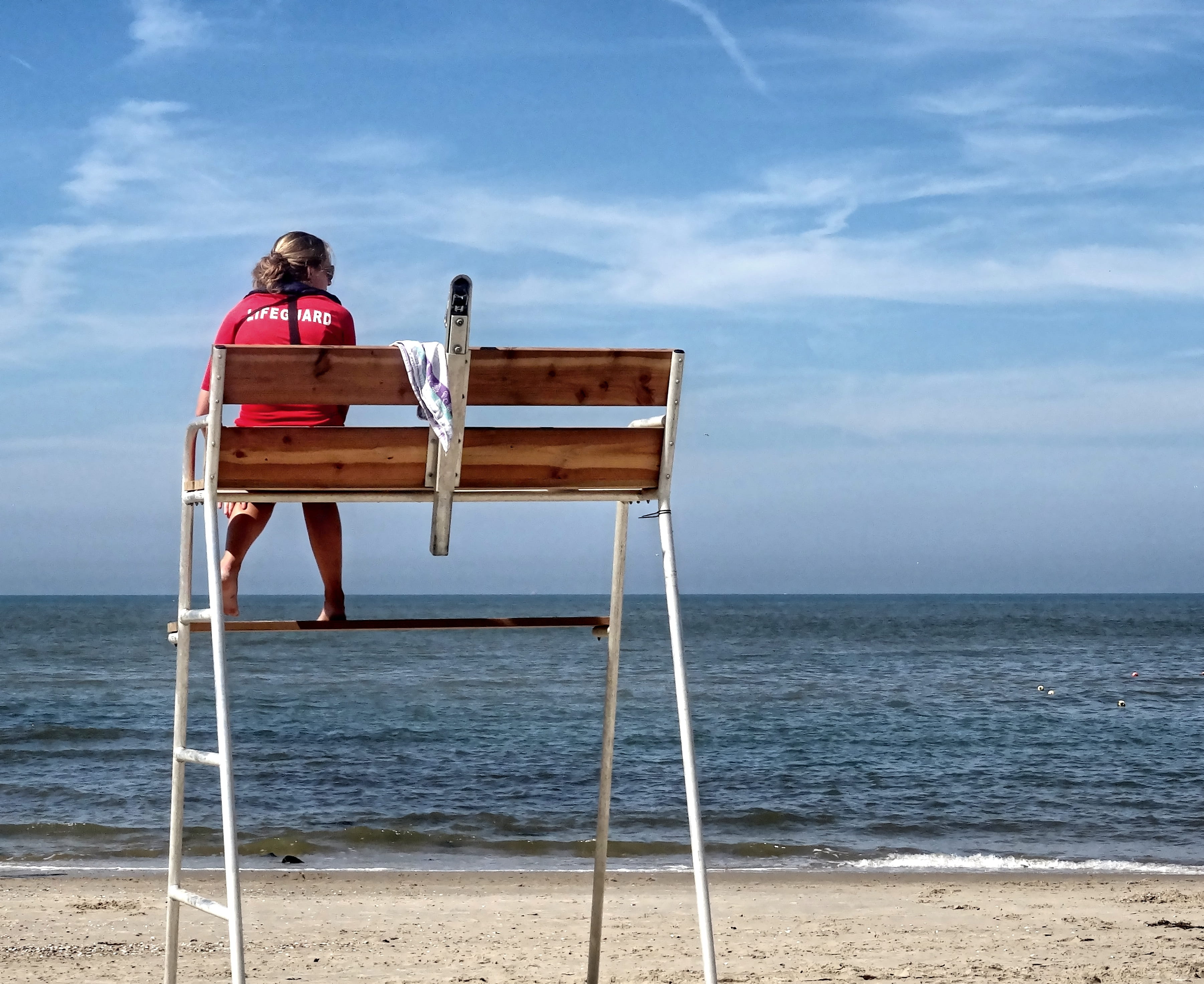 water, beach guard, tranquility, sitting, contemplation, north sea, cloud - sky, horizon over water, life-saving, vigilant, scenics - nature, lifeguard, HD Wallpaper