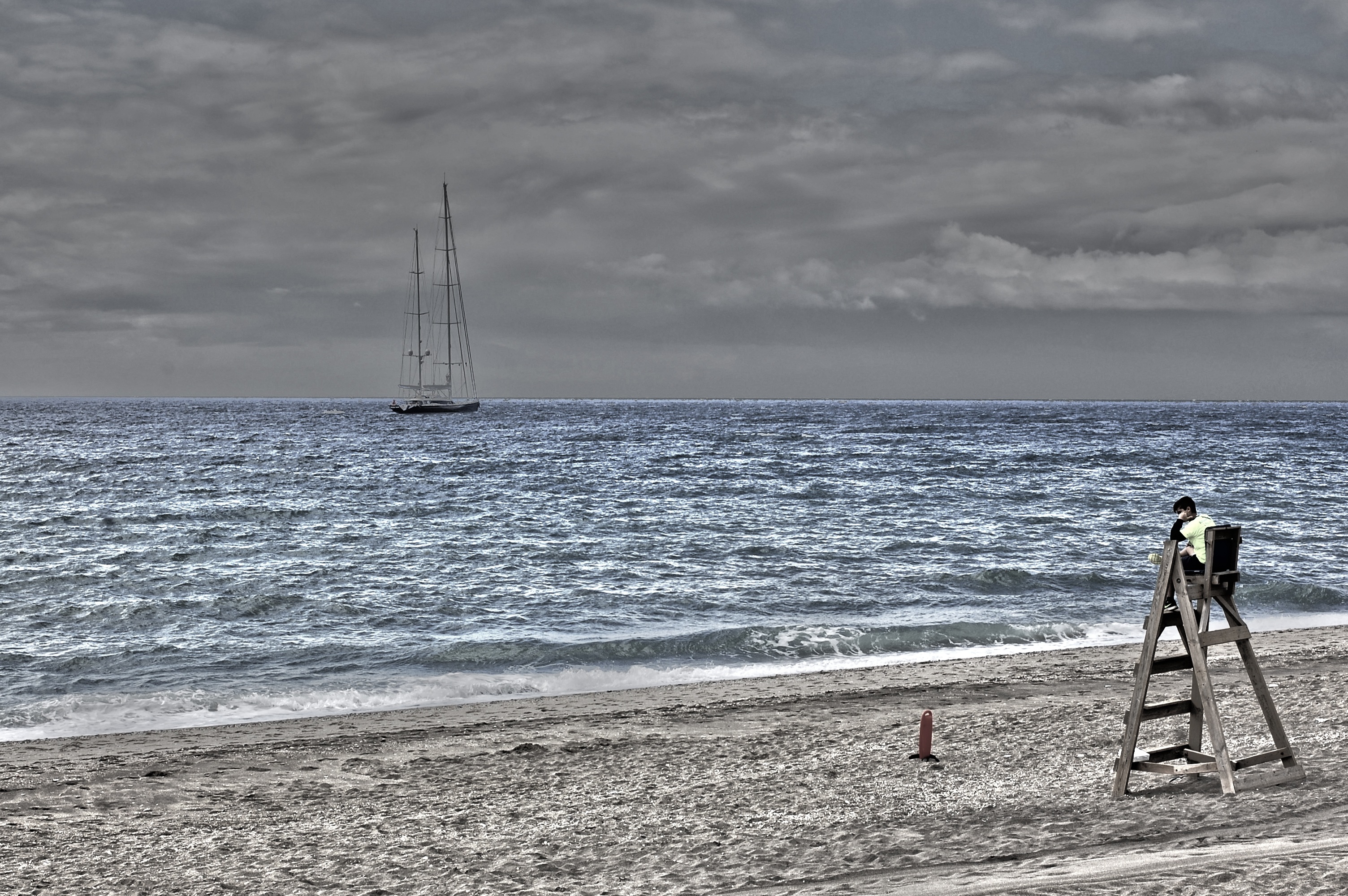 sea, scenics - nature, guard booth, day, nature, sailboat, watchman, standing, sand, beauty in nature, life guard, one person, outdoors, marbella, sky, HD Wallpaper