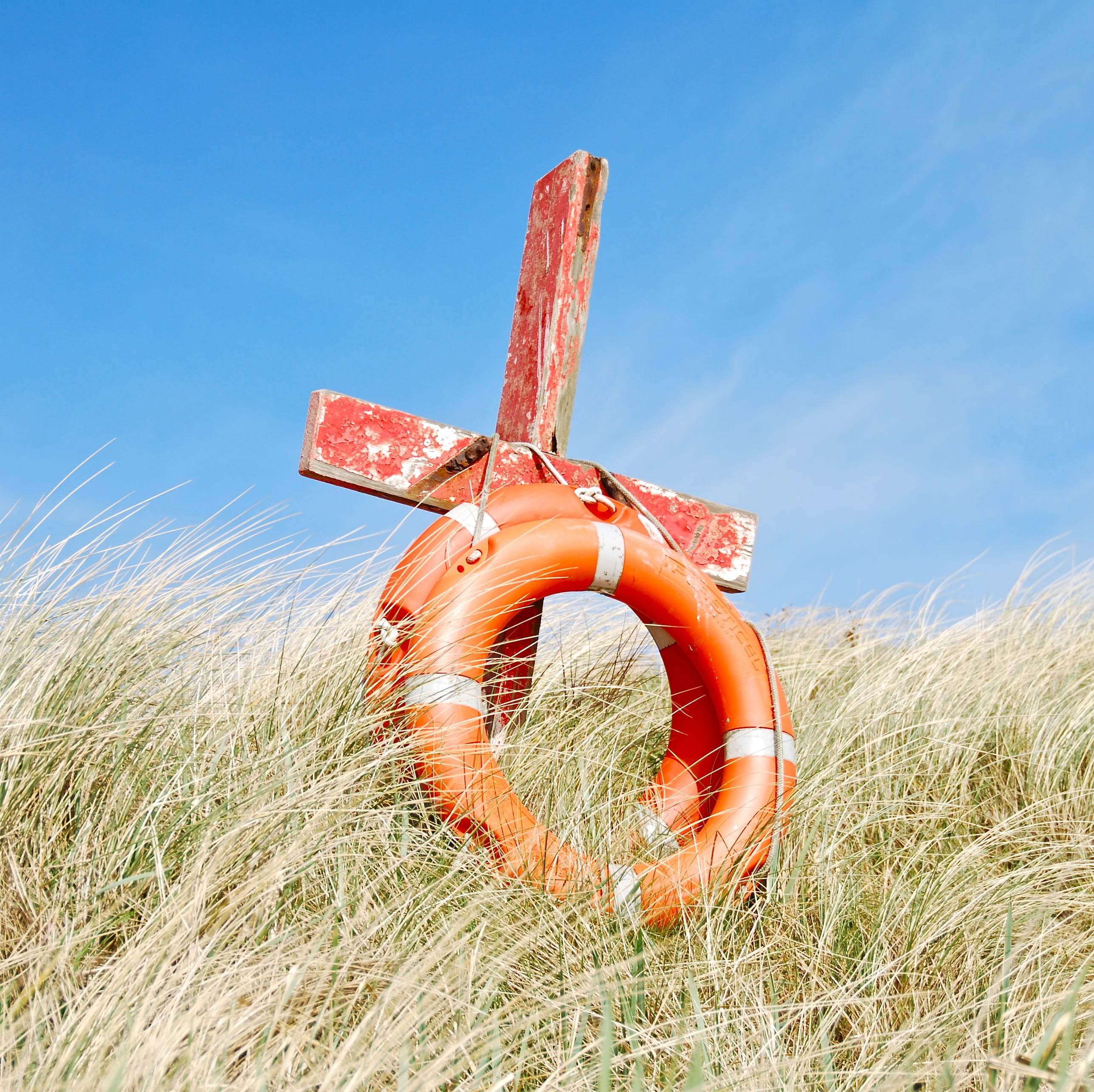 orange color, wood, growth, cogon grass, pole, land, clear sky, metal, nature, field, low angle view, sky, blue sky, no people, life saver, 2K, safety, HD Wallpaper