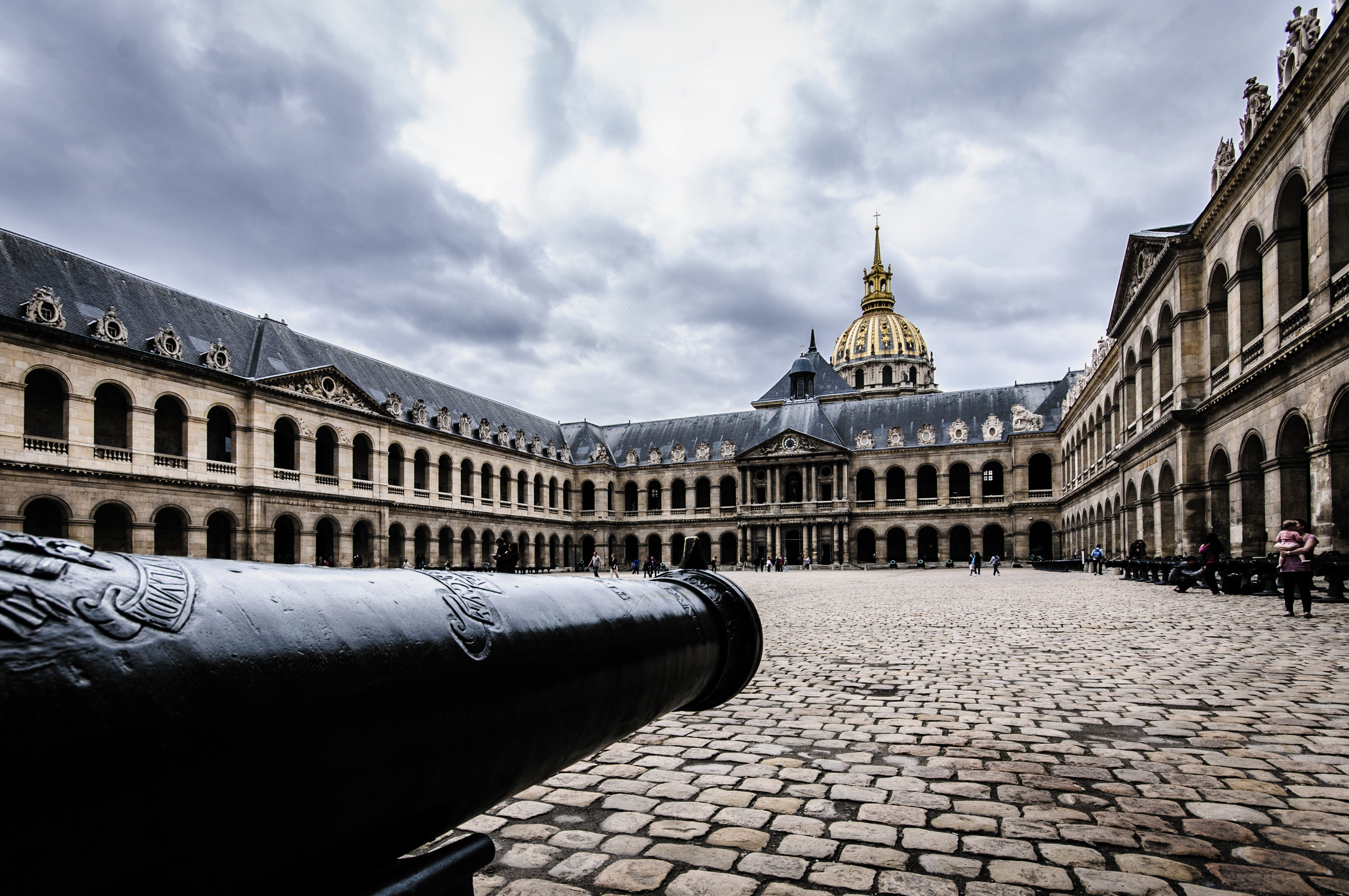 cobblestone, old, cannon, paris, travel destinations, travel, barracks, outdoors, military, the past, 2K, paving stone, town, court of honor, built structure, HD Wallpaper