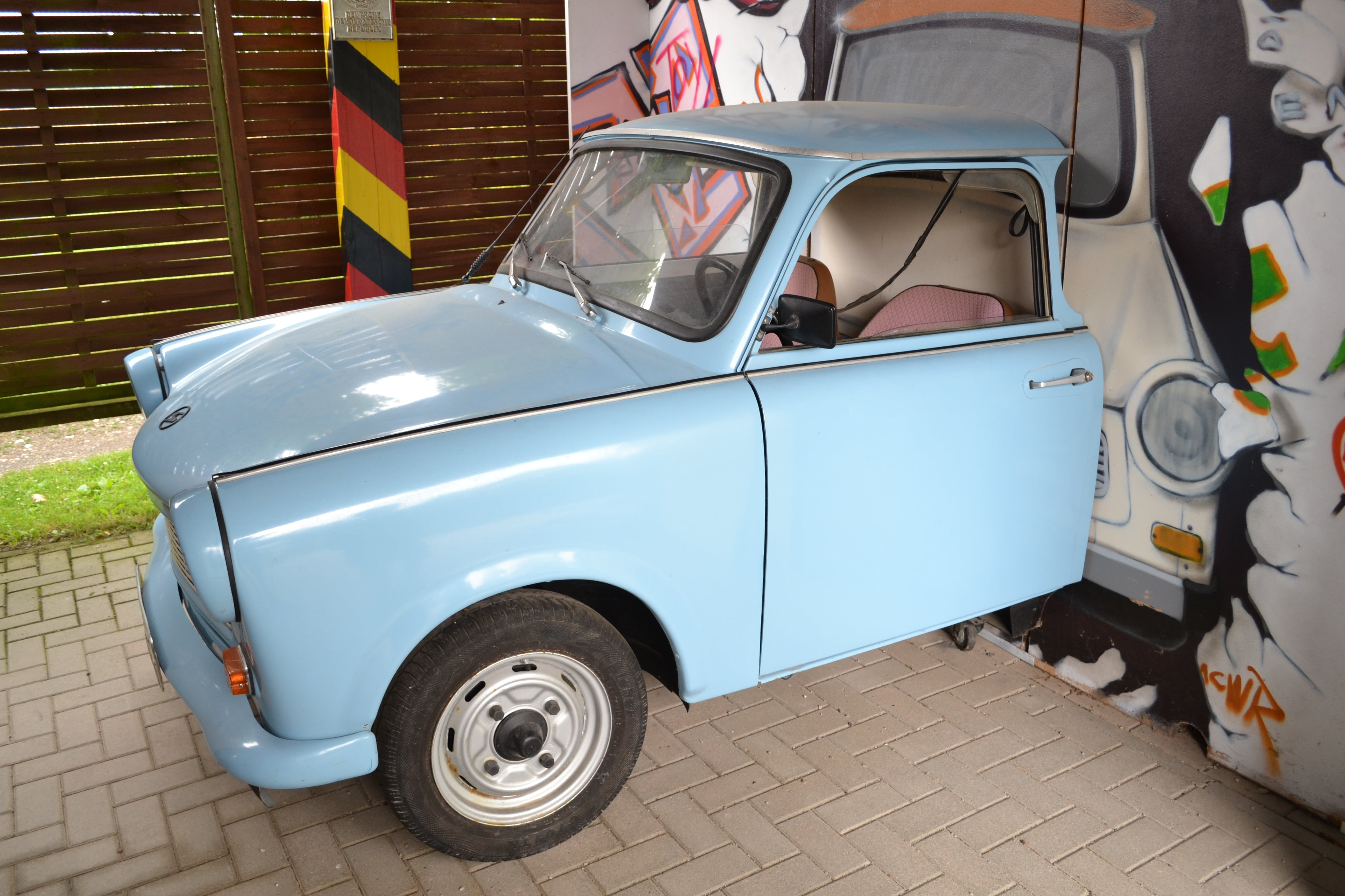 motor vehicle, vintage car, building exterior, trabi, auto, light blue, retro Styled, building, old, flag, built structure, wheel, old-fashioned, transportation, HD Wallpaper