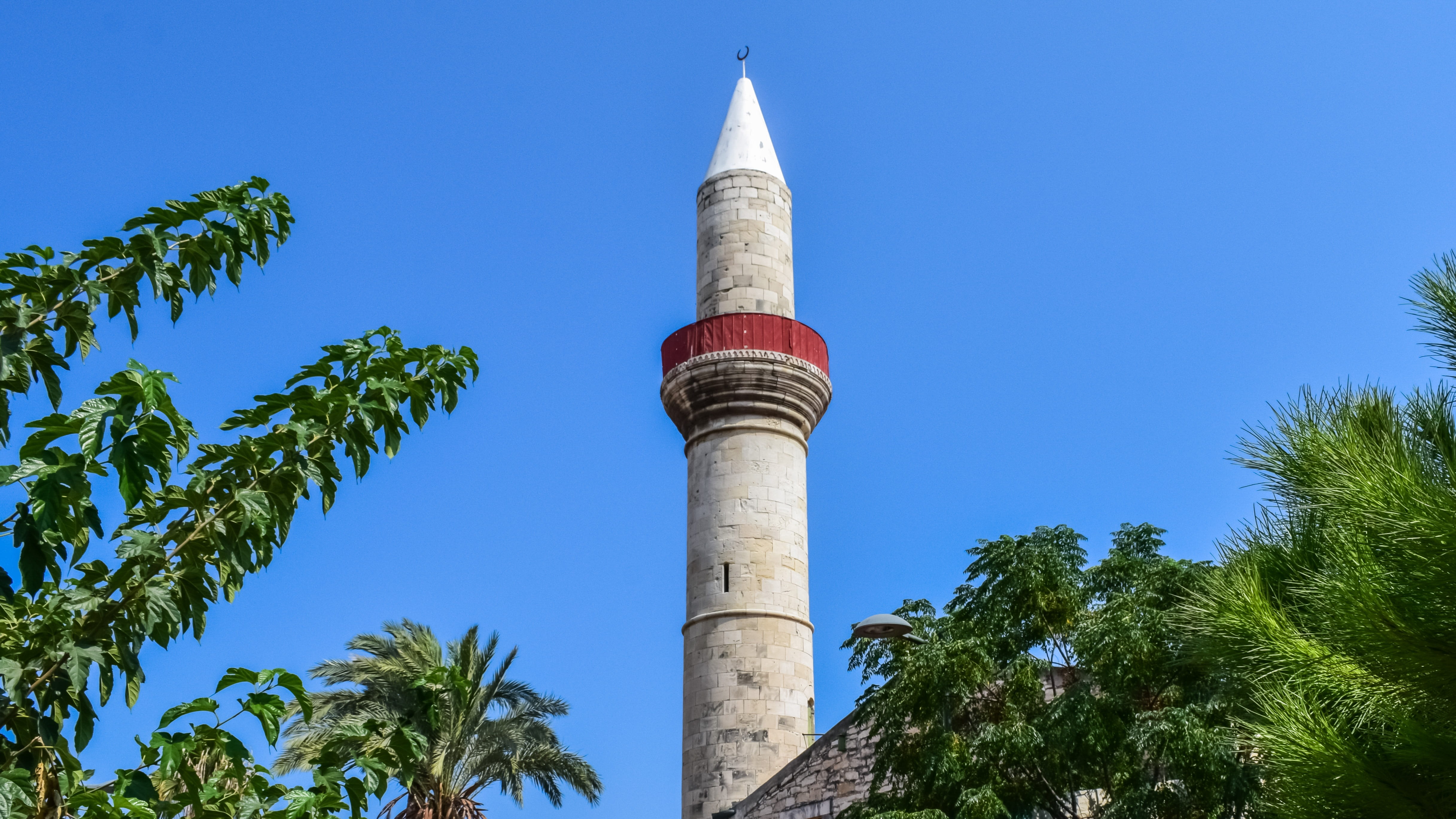 tower, tropical climate, nature, no people, the past, low angle view, ottoman, tall - high, 4K, cyprus, islam, blue, day, outdoors, palm tree, sky, history, HD Wallpaper
