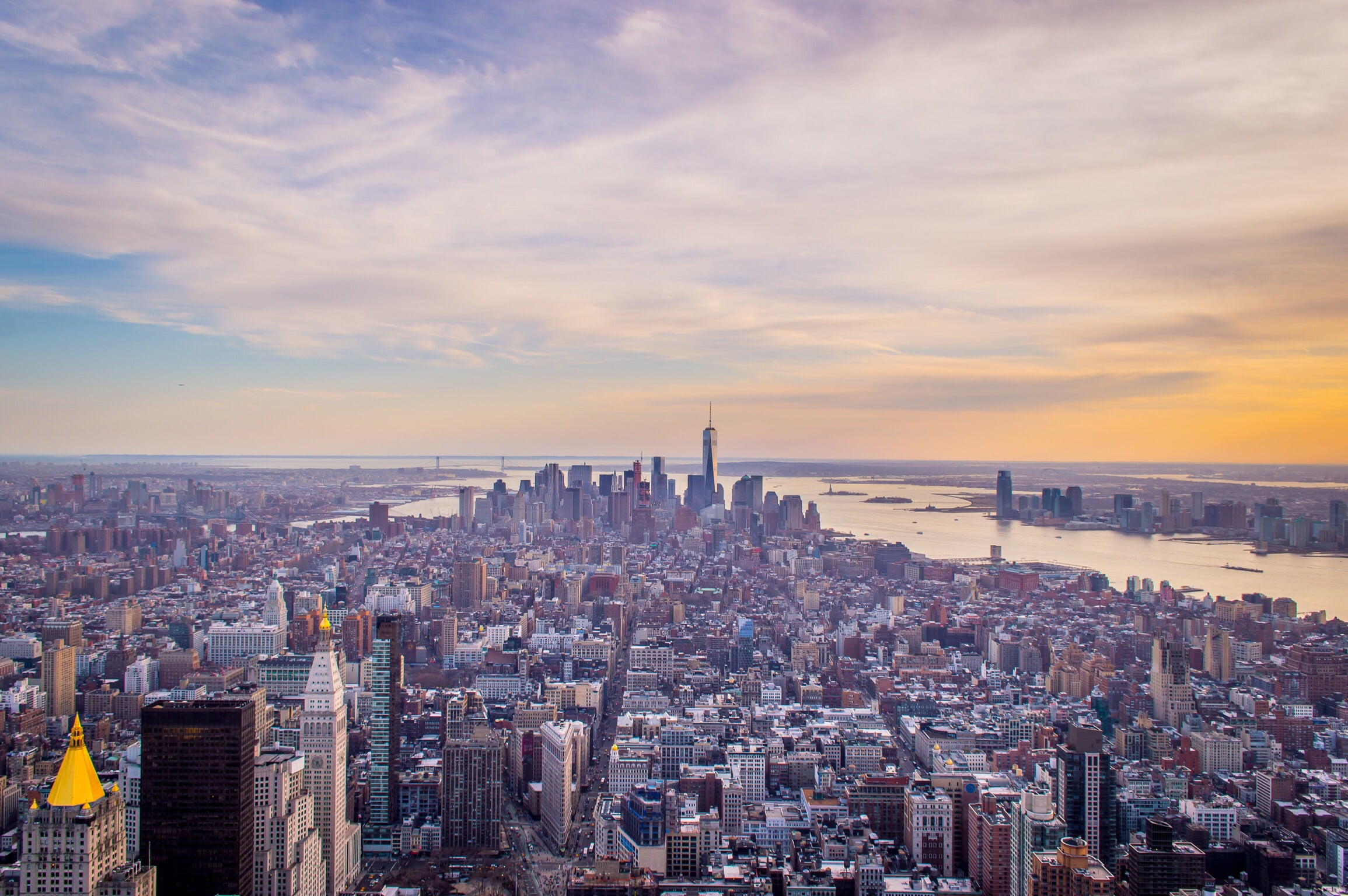 tower, new York City, manhattan - New York City, sunset, skyscraper, photo, urban Scene, uSA, sky, built Structure, buildings, architecture, sunrise, water, HD Wallpaper