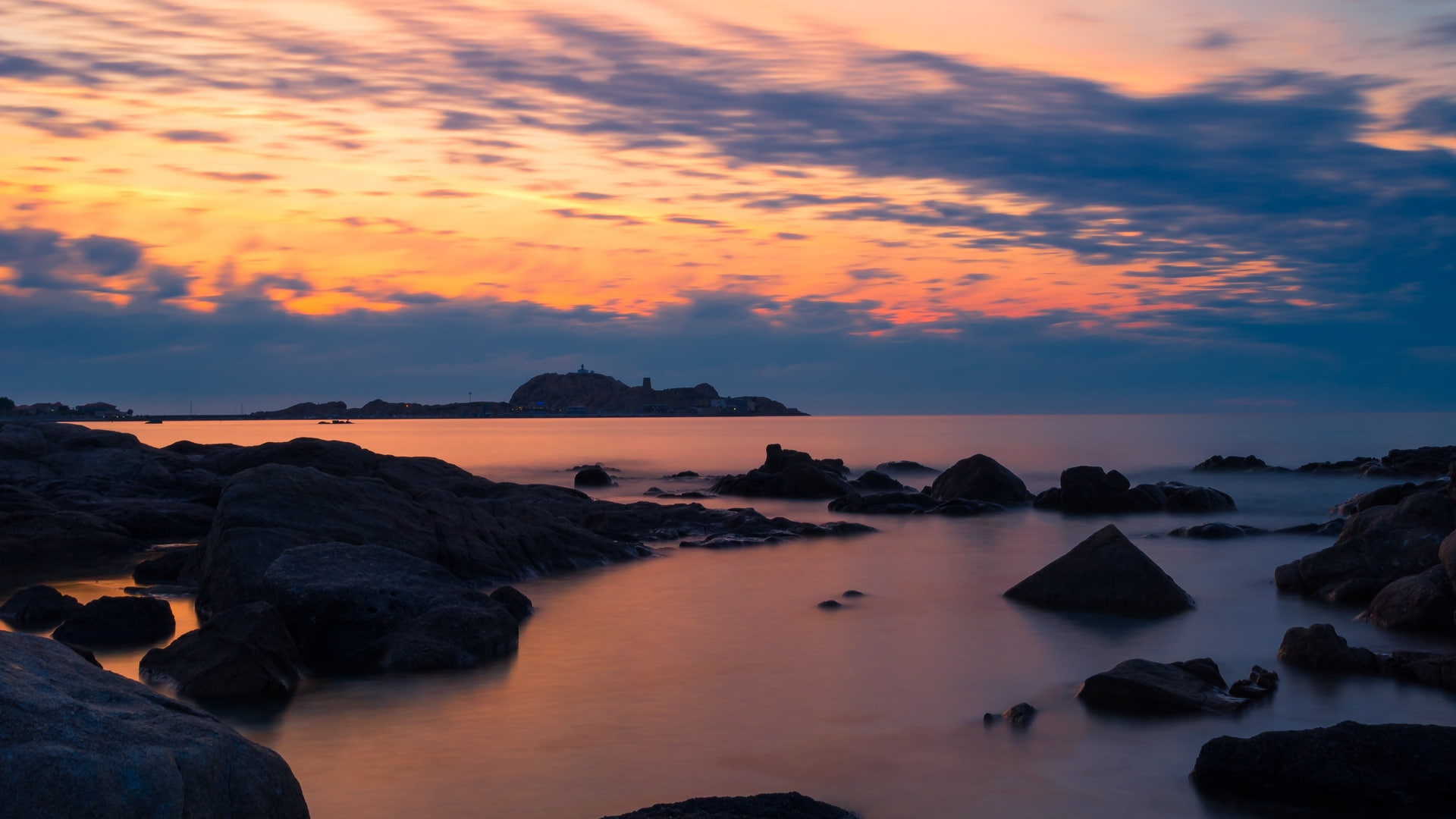sky, stones, sea, nature, coast, Mediterranean, 1080P, rocks, horizon, sunset, water, HD Wallpaper
