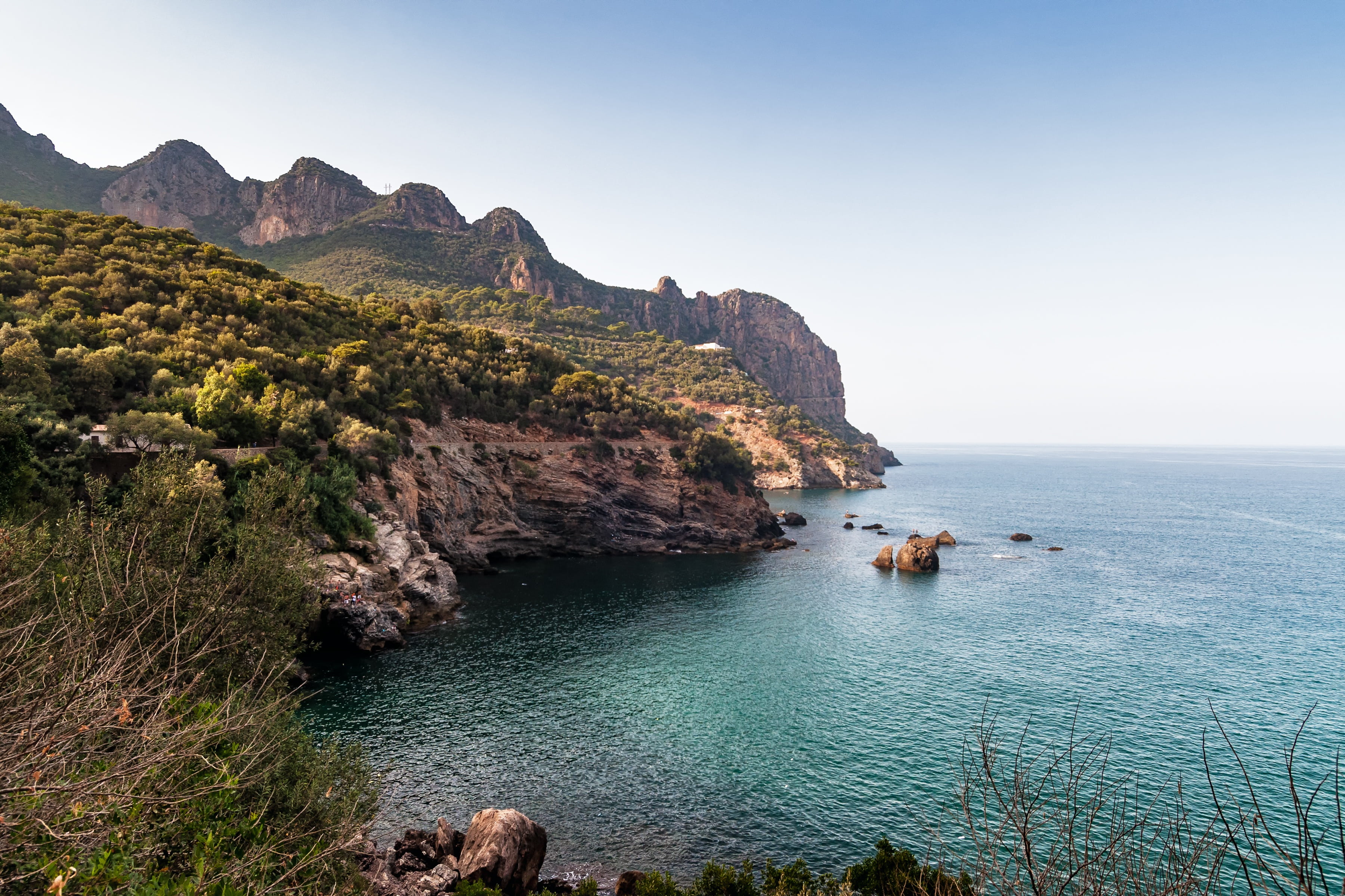scenics - nature, summer, rocky coastline, travel destinations, rock - object, water, 2K, tranquil scene, coastline, beauty in nature, algeria, cliff, HD Wallpaper